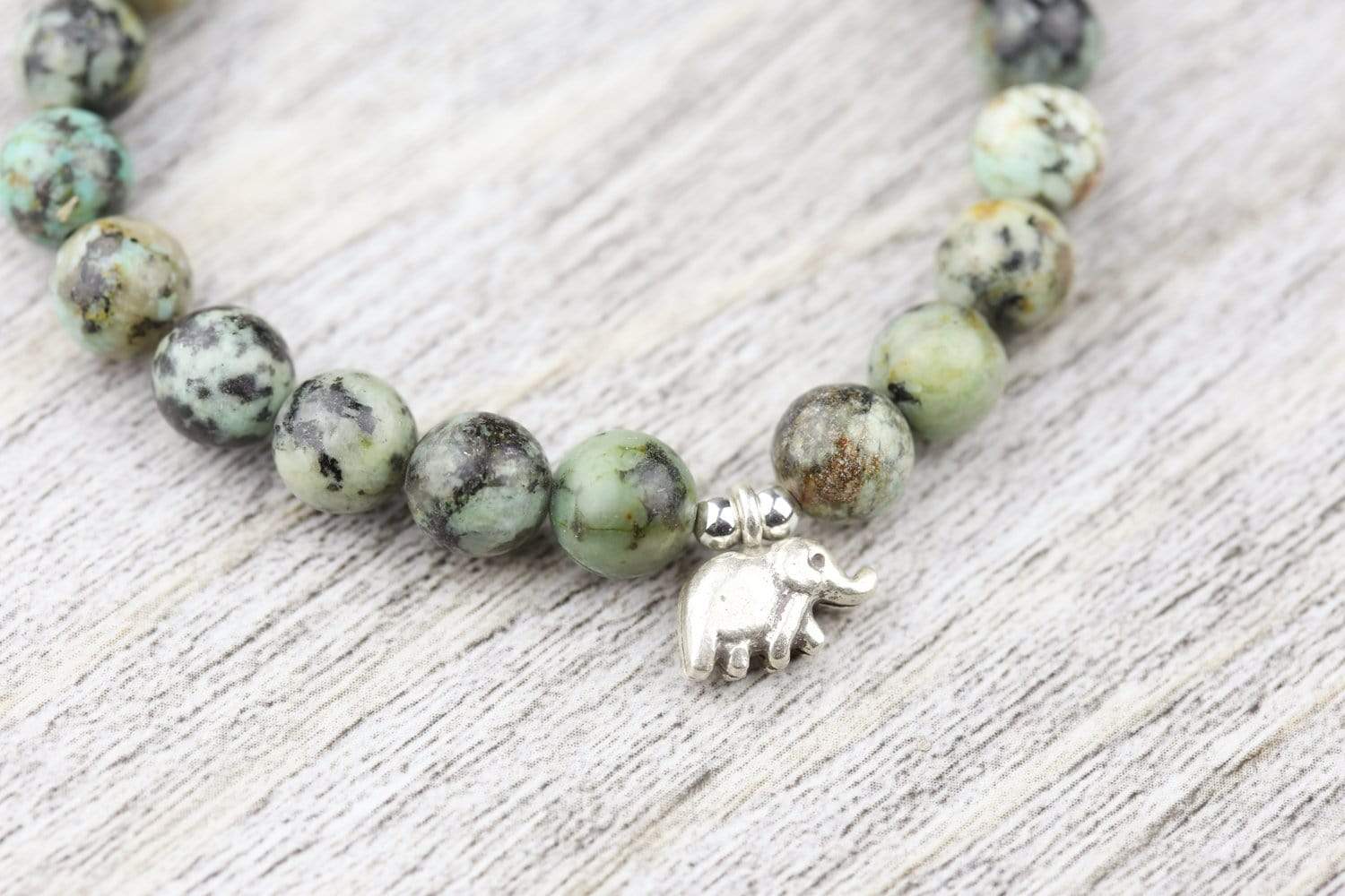 African Turquoise & Sterling Silver Elephant Wrist Mala Bracelet - Spiritual Meditation Yoga Jewelry for Women