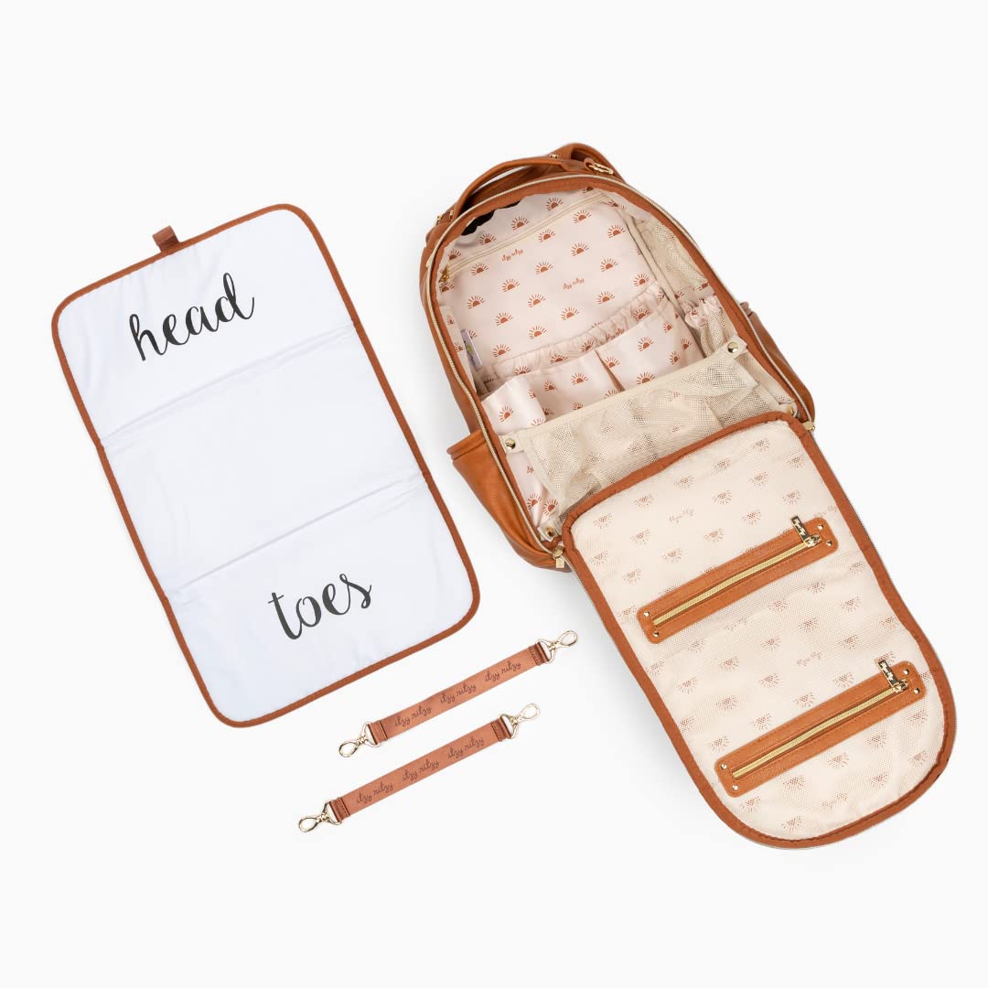 Itzy Ritzy Boss Plus Baby Diaper Backpack – Large Capacity with 19 Pockets, Changing Pad & Stroller Clips | Comfortable Shoulder Straps in Cognac | Perfect for Moms, Dads & Caregivers on the Go