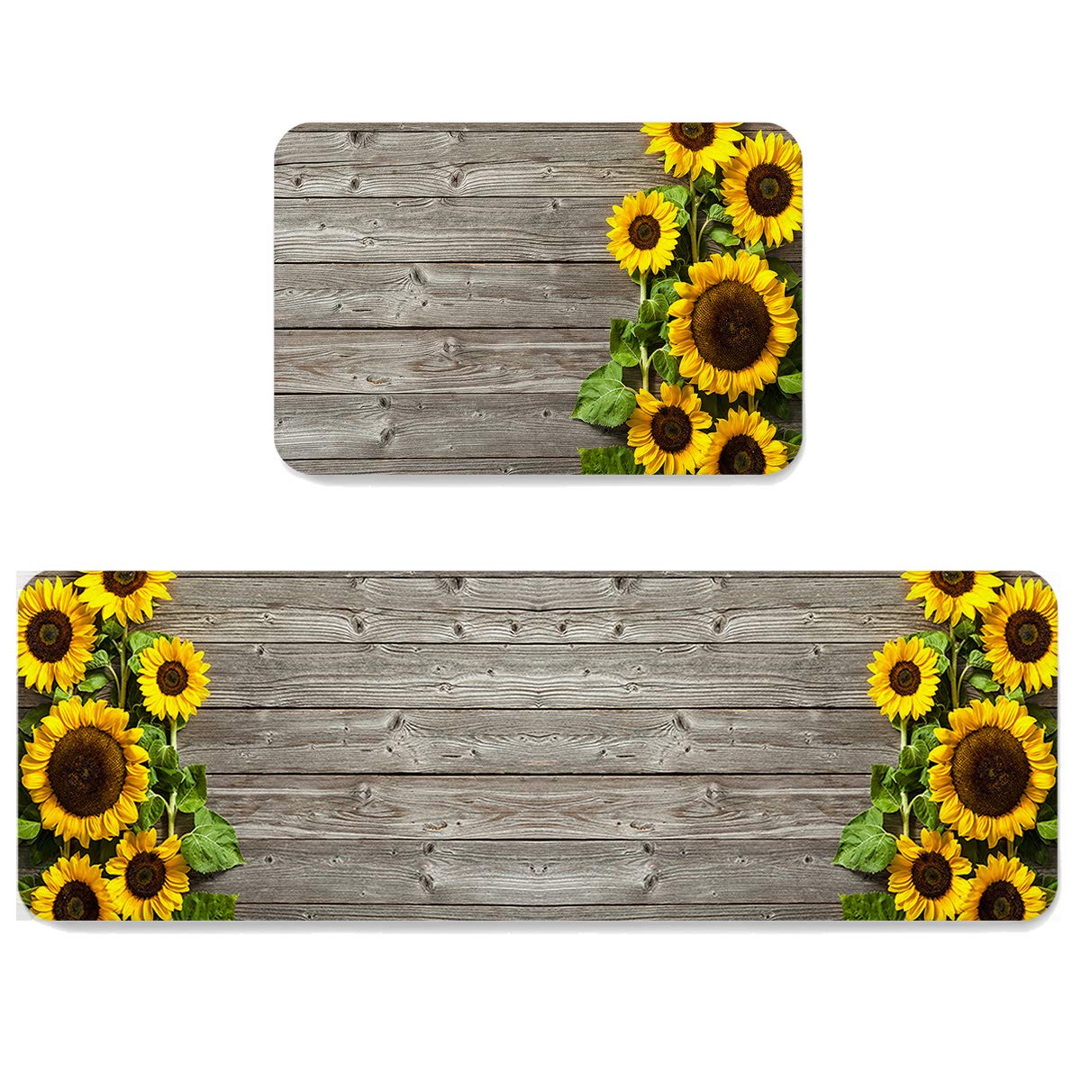 HELLOWINK Anti-Fatigue Kitchen Mat Set of 2 - Non-Slip Vintage Sunflower Design Rugs for Kitchen, Sink & Laundry Areas - Comfortable Floor Mats for Home & Office - Rustic Wood Style - Perfect for Cooking, Dishwashing & Standing Workstations