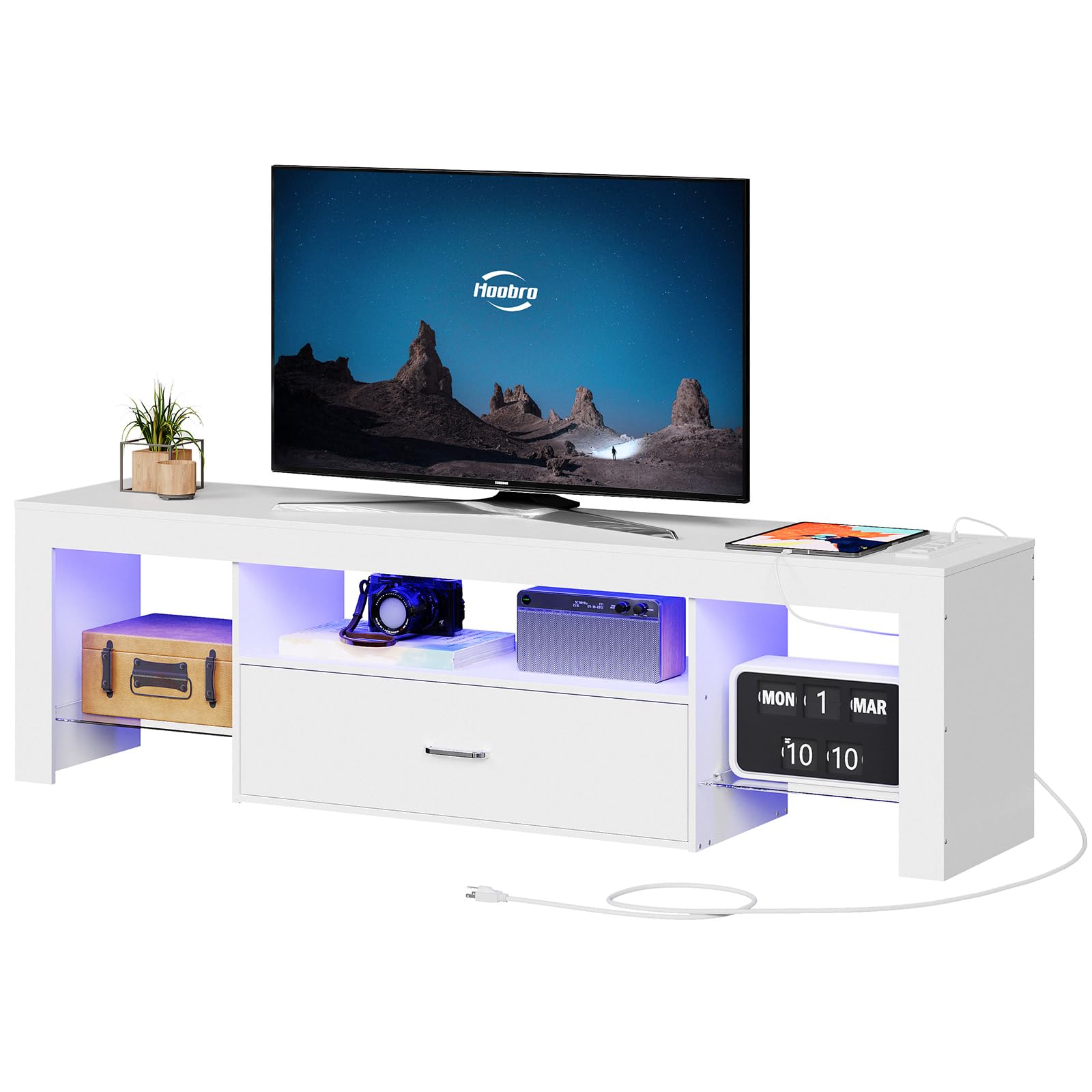 HOOBRO 65 inch LED TV Stand with Power Outlets, Modern Gaming Entertainment Center with Glass Shelves & Large Drawer, Media TV Console Table for Living Room Bedroom - Perfect for Movie Nights & Gaming Setup (White, Model WT14UDDS01)