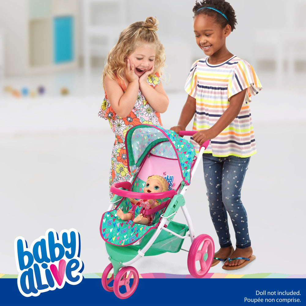 Baby Alive Heart Themed Doll Jogging Stroller - Pink & Green Playset for Toddlers | Pretend Play, Outdoor Walks & Role-Playing Games