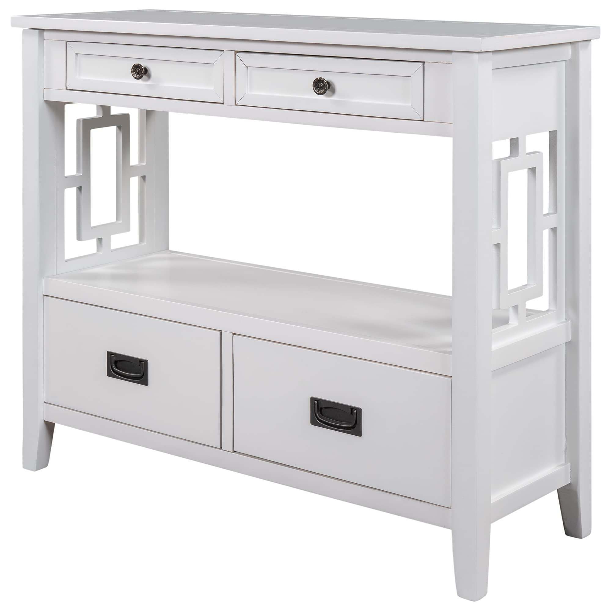 Quarte Console Table - Entryway Hallway Sofa Table with 4 Drawers & 1 Shelf, Thick Wood Accent Side Table, Retro Style Living Room & Bedroom Furniture, Easy Assembly (White) - Perfect for Small Spaces, Apartment Entryways & Home Decor