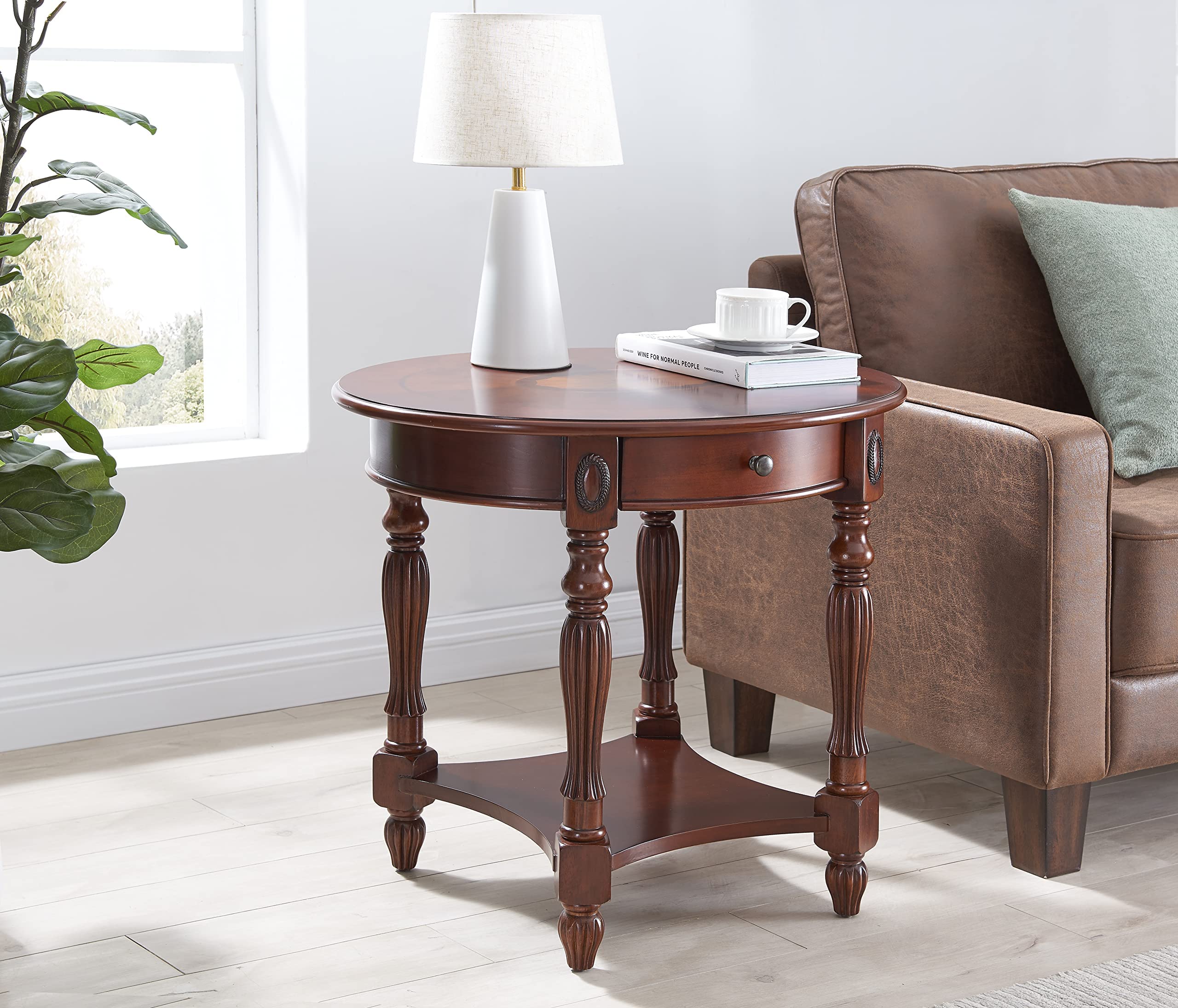 Vintage Solid Wood End Table with Drawer - Oval Sofa Side Table with Storage Shelf - Corner Side Table for Living Room & Bedroom Nightstand - Easy Assembly - 28