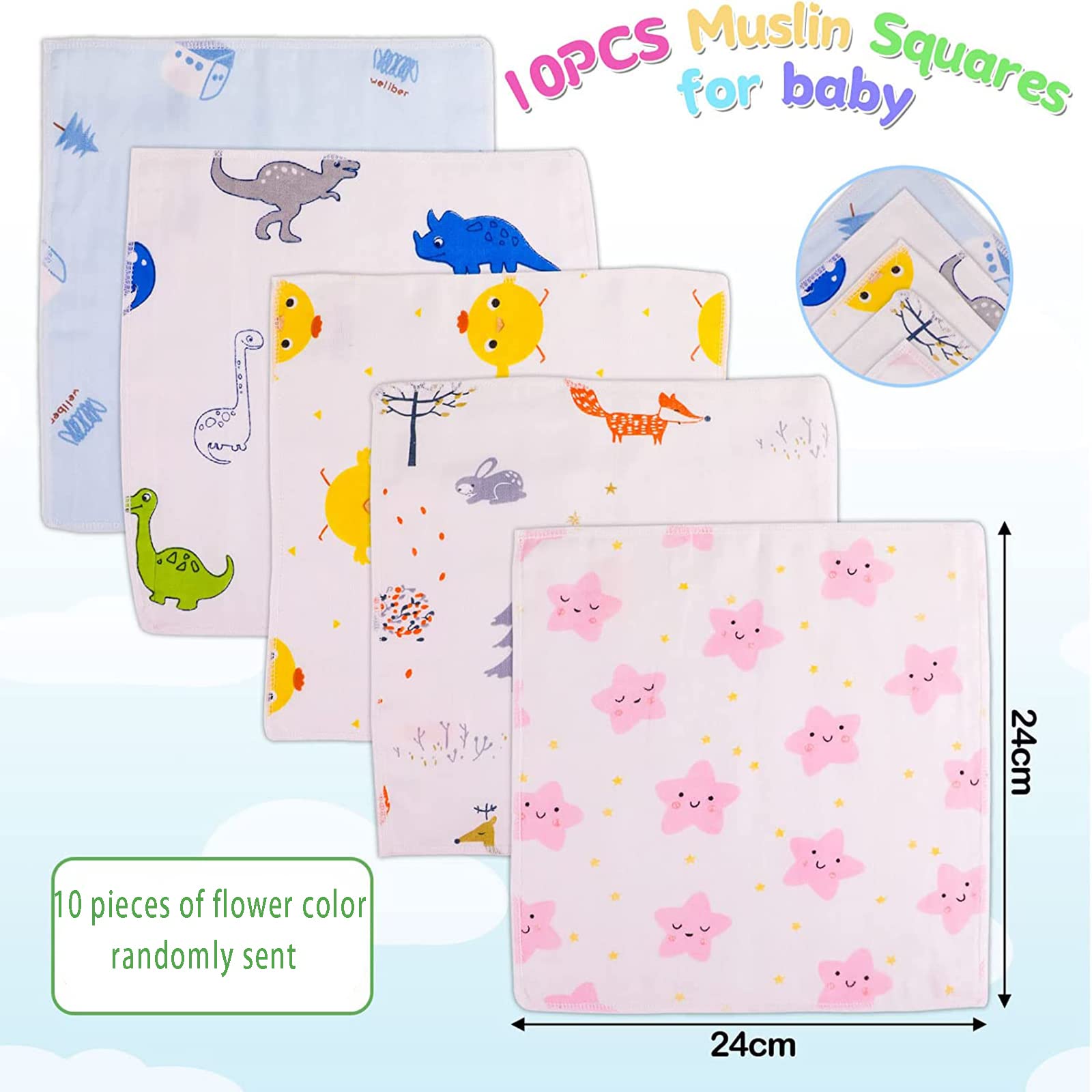 10Pcs Baby Muslin Washcloths - Super Soft & Absorbent Cotton Face Cloths for Newborns - Gentle Reusable Washable Squares for Baby Bath, Feeding & Diaper Changing - Perfect Baby Shower Gift (Random Patterns) - Ideal for Nursery, Travel & Daily Care