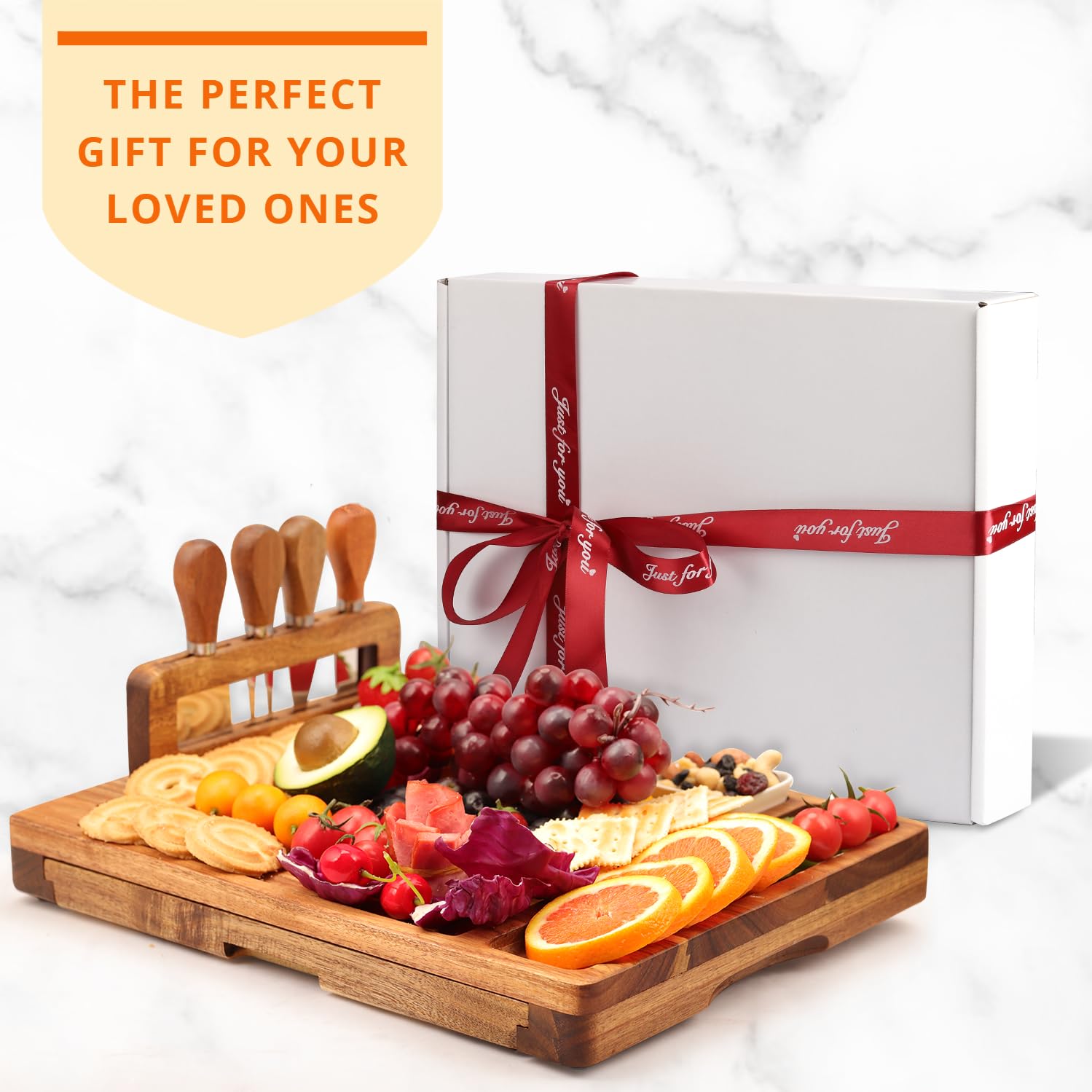 Premium Acacia Wood Cheese Board Set - Large Handcrafted Charcuterie Tray with Slate Rectangle - Perfect for Entertaining, Housewarming Gifts, Wedding & Bridal Shower Presents - Ideal for Wine & Cheese Parties, Charcuterie Displays & Gourmet Serving