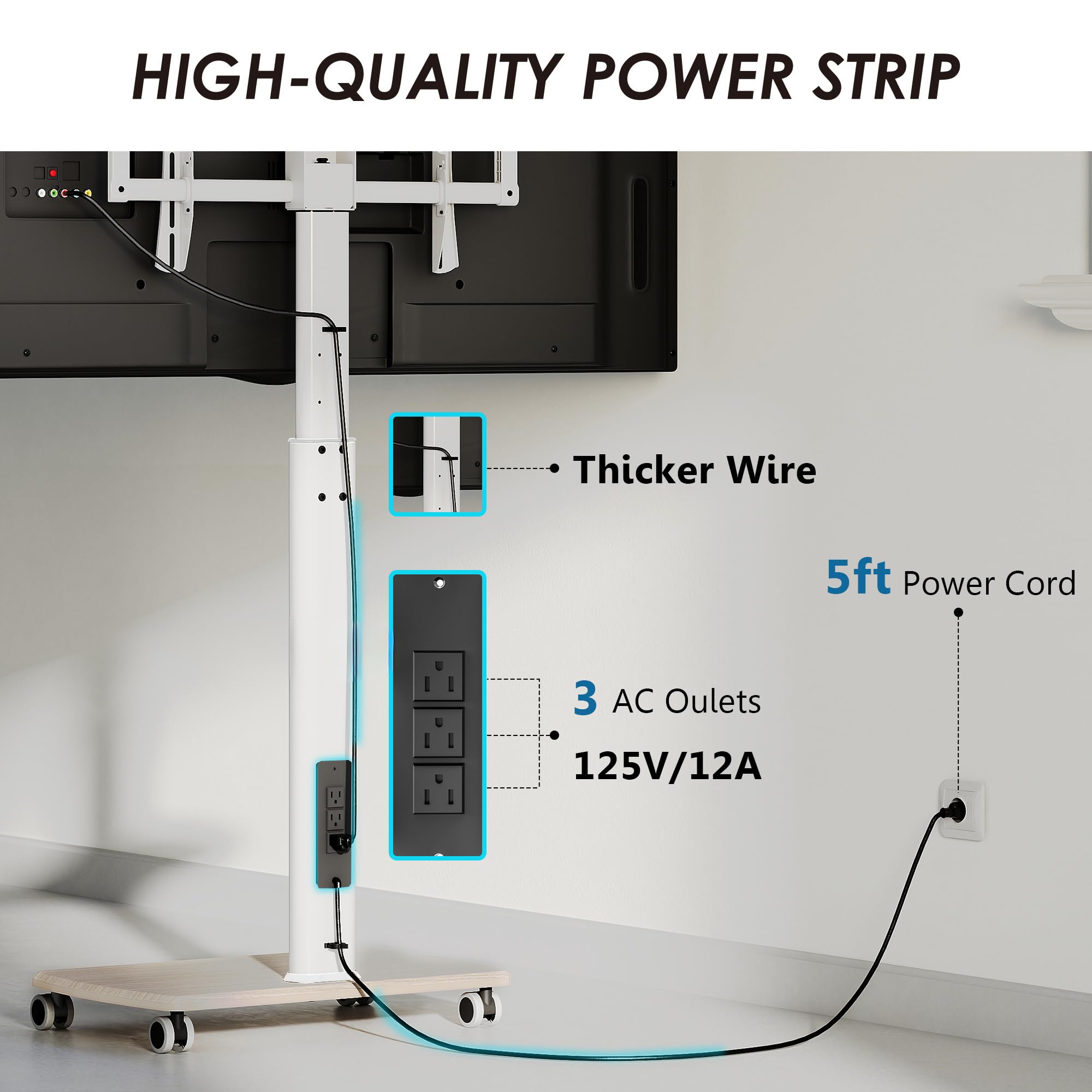 FITUEYES Rolling TV Stand with Power Outlets - Swivel Mobile TV Cart for 32-70 Inch Flat/Curved Screens, Height Adjustable Wood Base Supports 99Lbs - Perfect for Living Room, Bedroom, and Office Entertainment Setup