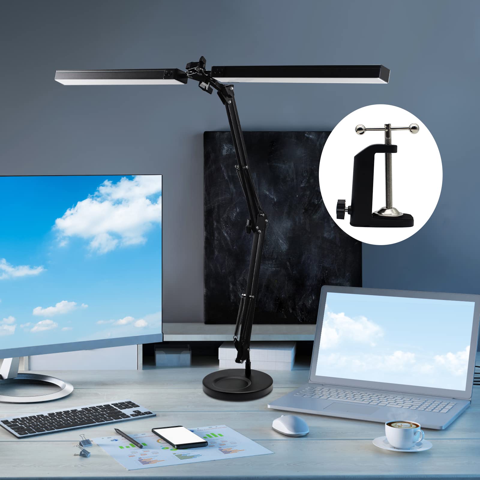 Hitish LED Desk Lamp 24W - Super Bright Architect Lamp with 3 Color Modes & 10 Brightness Levels - Adjustable Swing Arm Eye Protection Light for Home Office Study - Perfect for Reading, Working & Computer Monitor Use
