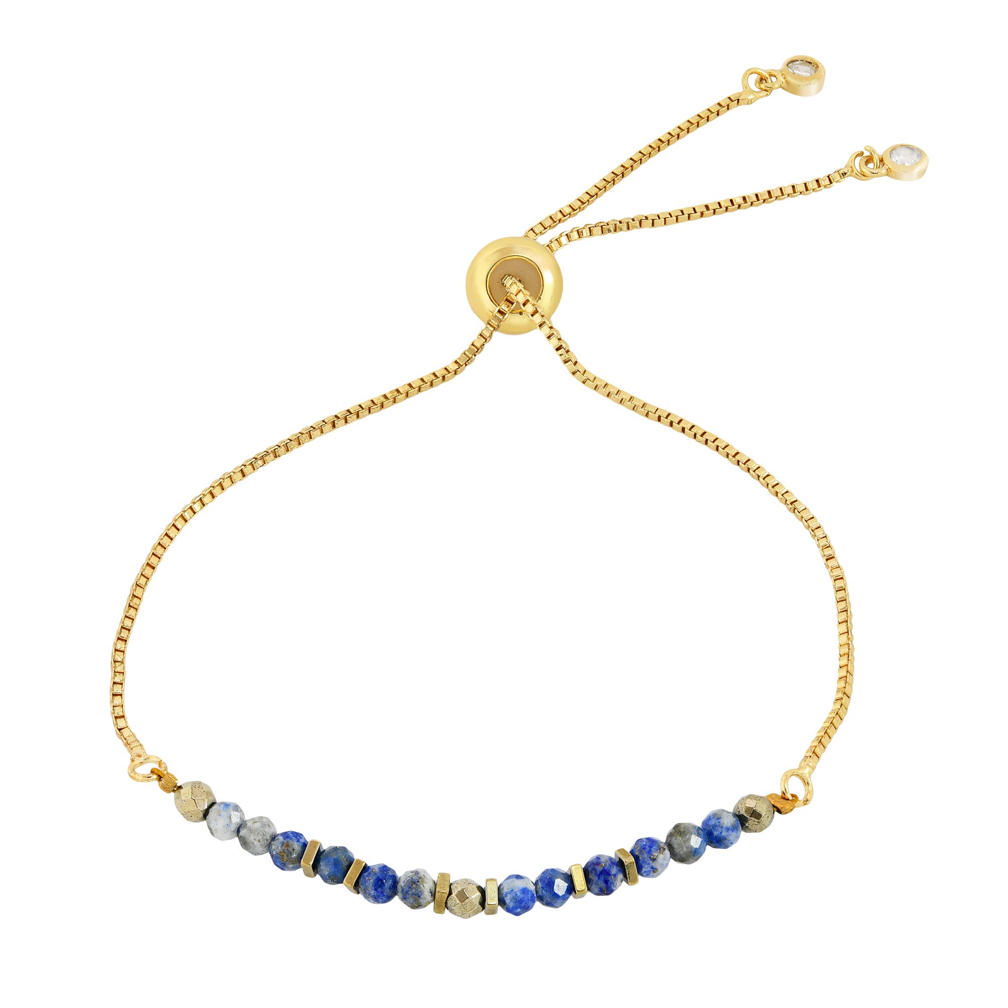 Radiant Facets Simulated Blue Lapis Lazuli Stone Beads Gold Plated Brass Pull String Bracelet - Elegant Boho Jewelry for Women, Perfect for Parties, Weddings & Everyday Wear