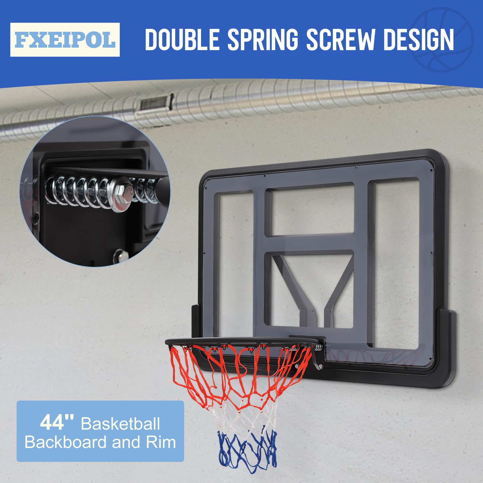 44 Inch Wall Mounted Basketball Backboard & Rim Combo with Double Spring Screw - Durable Backboard Replacement Kit for Home Training, Club, and Outdoor Play - Perfect for Driveway, Gym, and Backyard Basketball Practice
