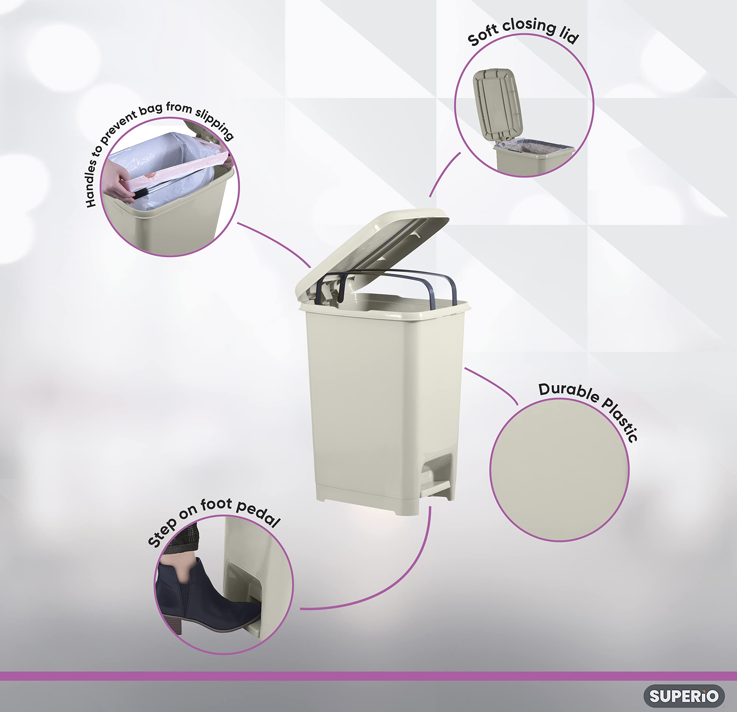 Superior Slim Pedal Trash Can 16 Qt (Soft Beige) - Hands-Free Kitchen & Office Waste Bin for Easy Disposal