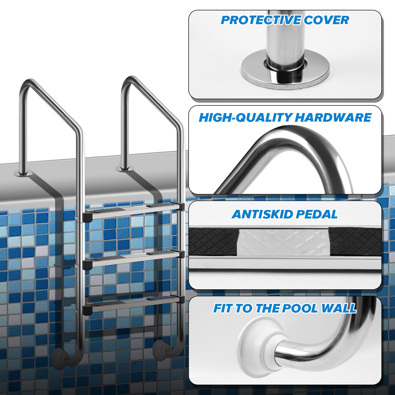 Stainless Steel 3-Step Inground Pool Ladder with Non-Slip Treads - 1.90