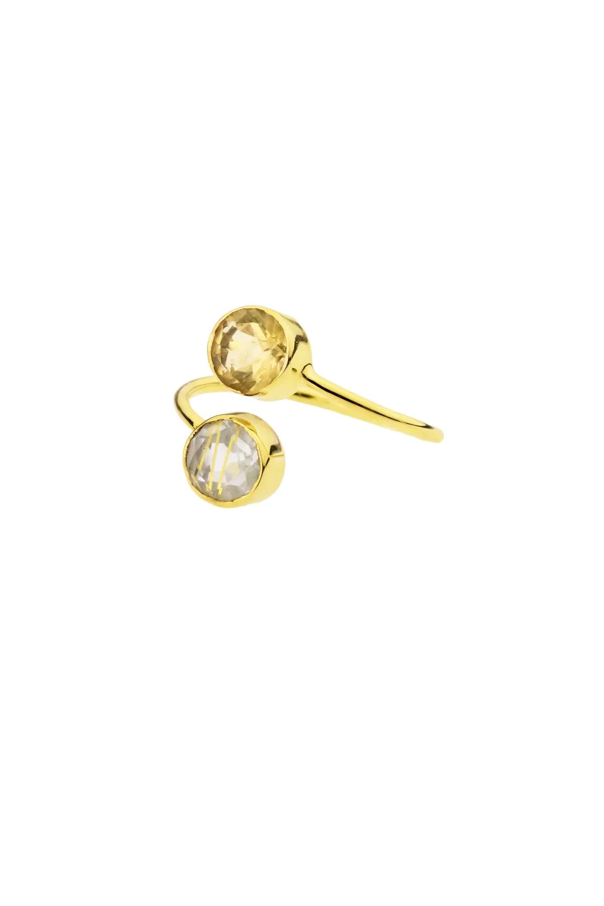 14K Gold Double Gem Ring with Citrine & Rutilated Quartz - Elegant Stackable Jewelry for Women, Perfect for Weddings, Anniversaries & Everyday Wear