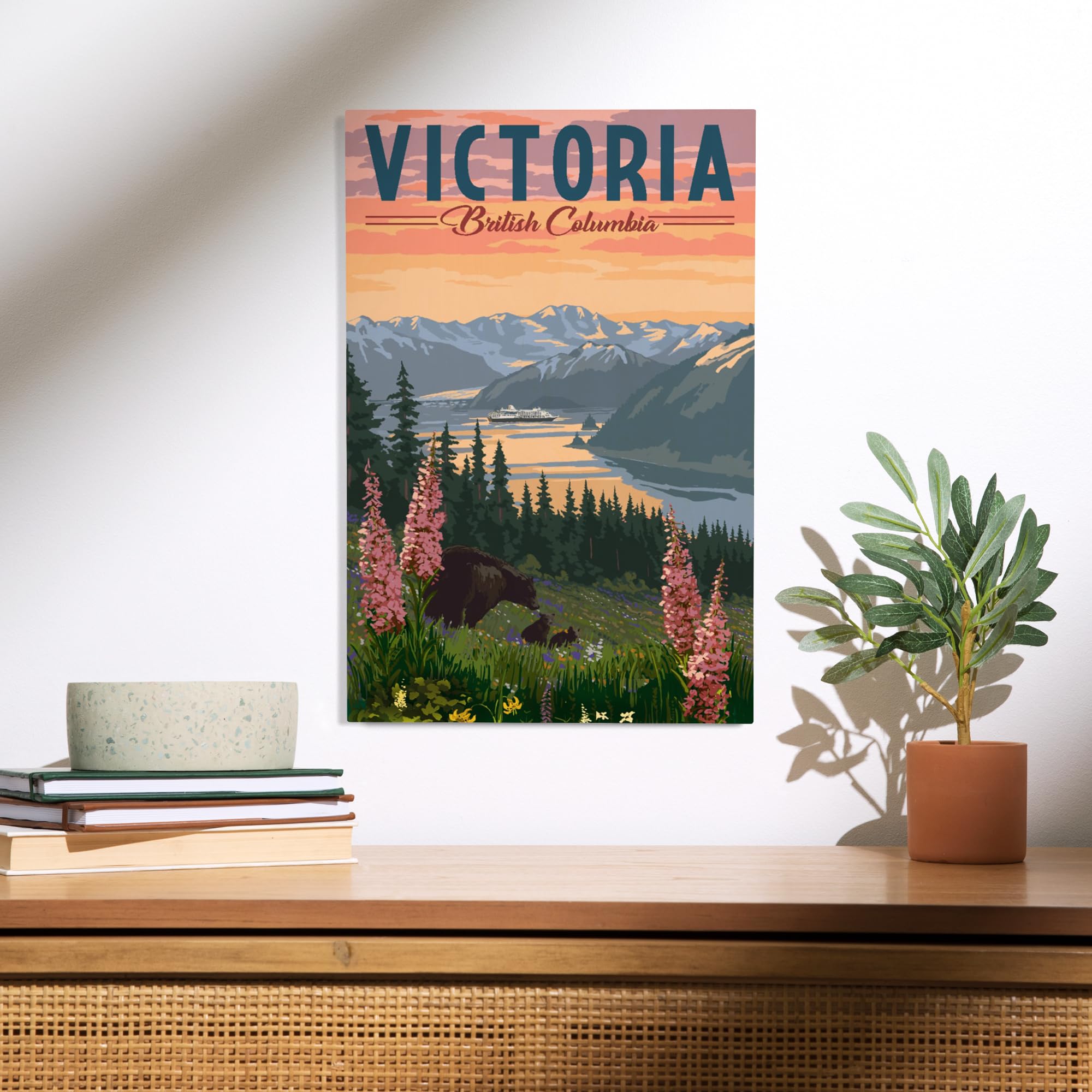 Lantern Press 12x18 Inch Premium Wood Wall Sign - Ready to Hang Home Decor with Victoria BC & Inside Passage Bear Spring Flowers Design - Perfect for Living Room, Bedroom or Cabin Decor