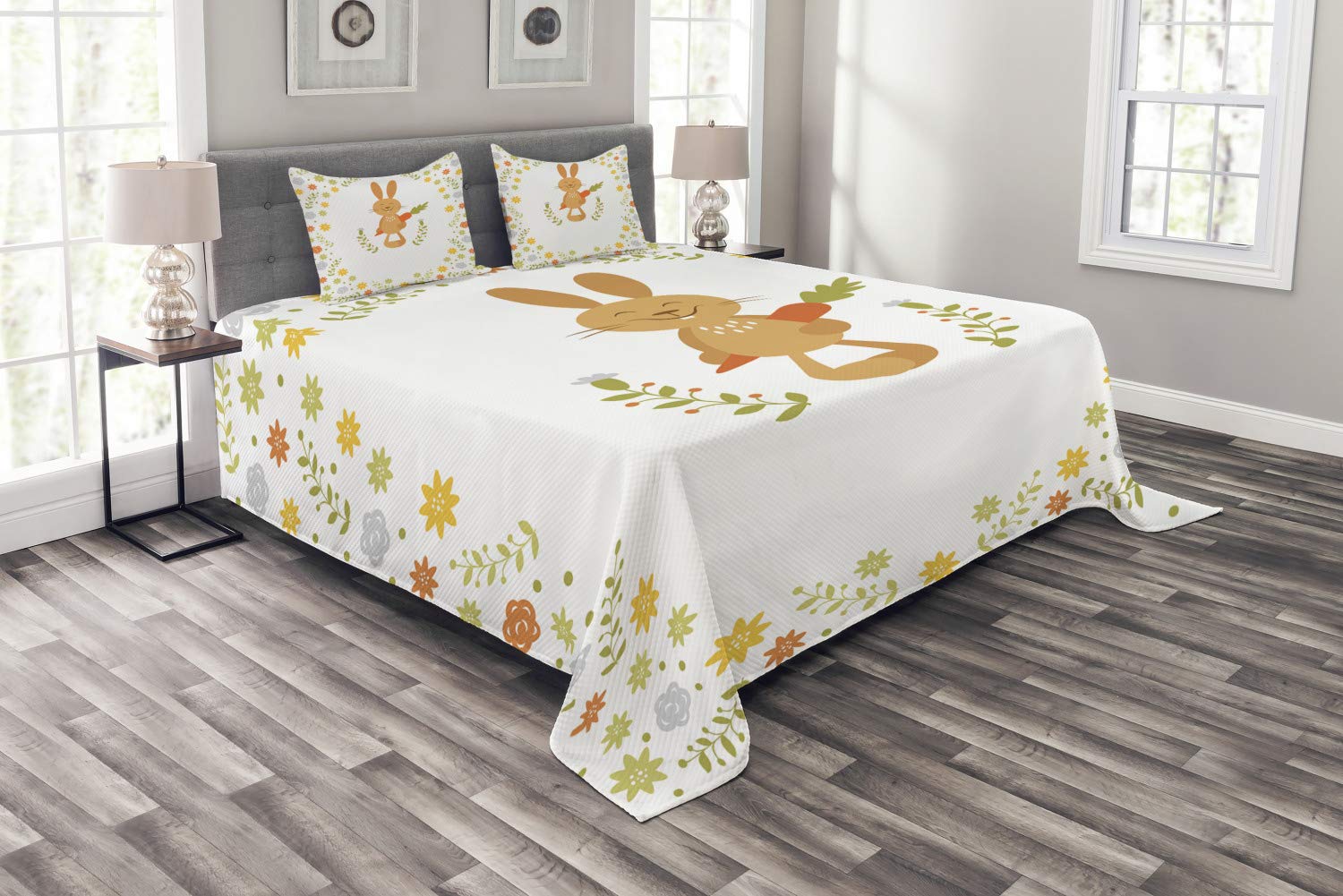 Ambesonne Funny Rabbit Bedspread Set - 3 Piece King Size Bedding with Happy Bunny, Carrots & Flowers Design - Decorative Coverlet & 2 Pillow Shams - Perfect for Kids Room, Nursery Decor & Summer Themed Bedrooms