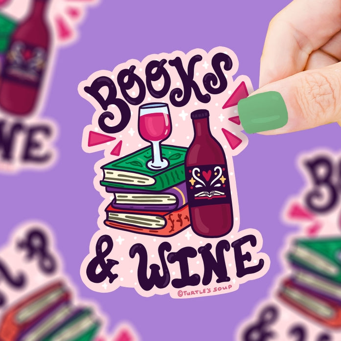 Books and Wine Vinyl Sticker - Waterproof Decal for Laptops, Journals & Wine Glasses - Perfect for Book Lovers & Wine Enthusiasts
