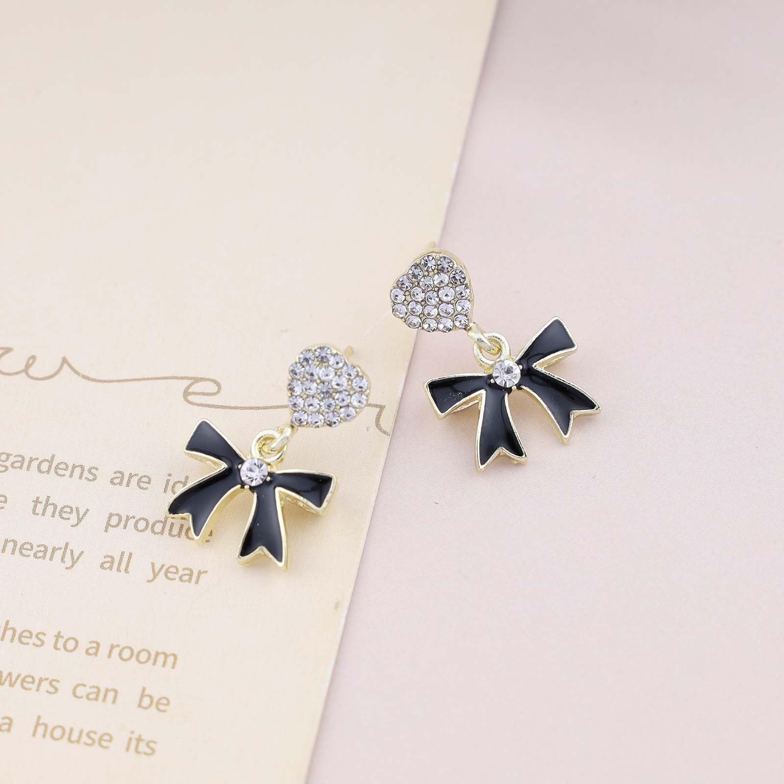 Bohemian Crystal Heart Bow Dangle Earrings - Black Enamel Drop Earrings with Gold CZ & Rhinestone Accents for Women & Girls | Perfect for Parties, Weddings & Gift Giving