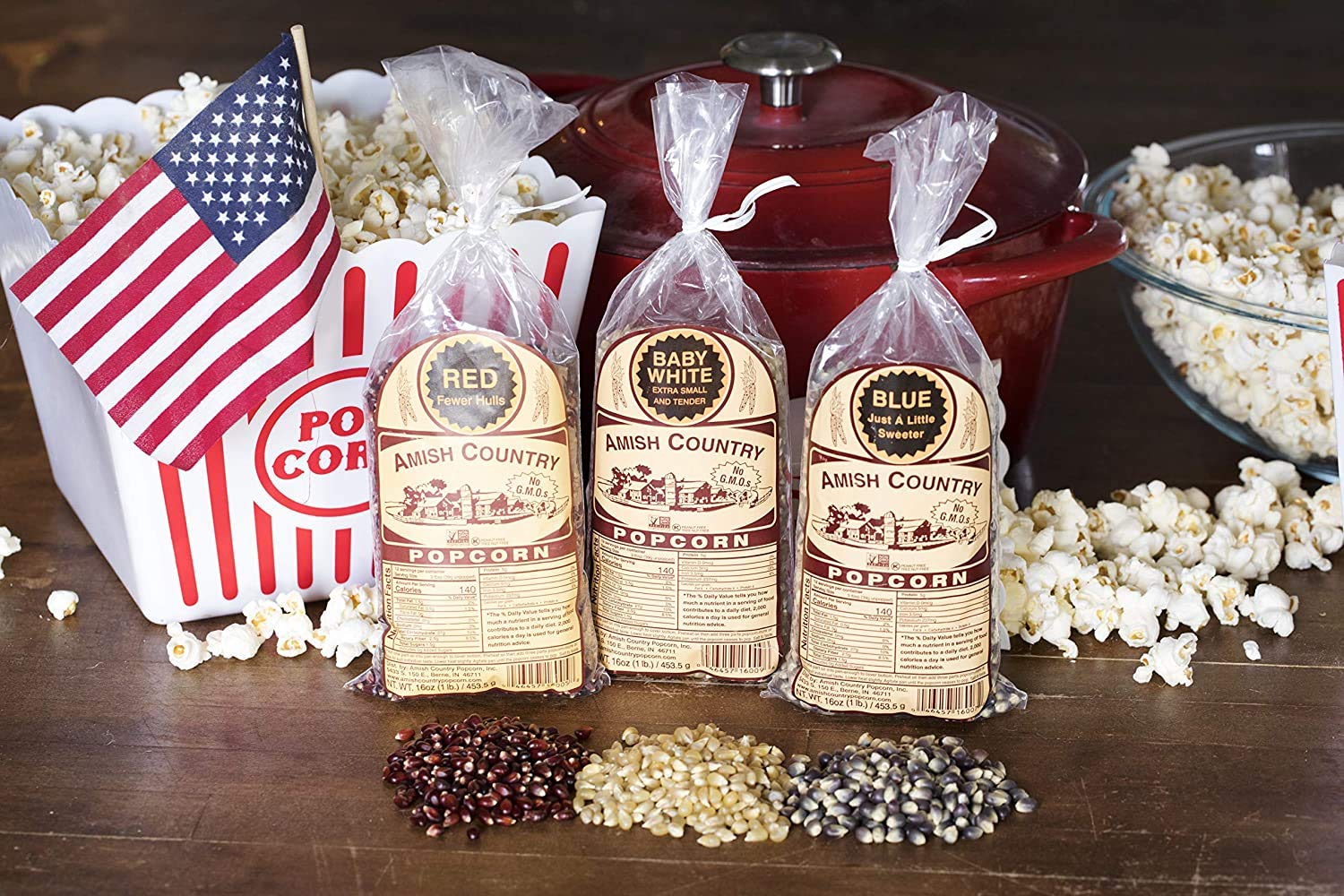 Amish Country Popcorn - 3-Pack Variety Bundle (1 lb Each) | Non-GMO, Gluten-Free Red, White & Blue Popcorn Kernels | Perfect for Movie Nights, Parties & Healthy Snacking