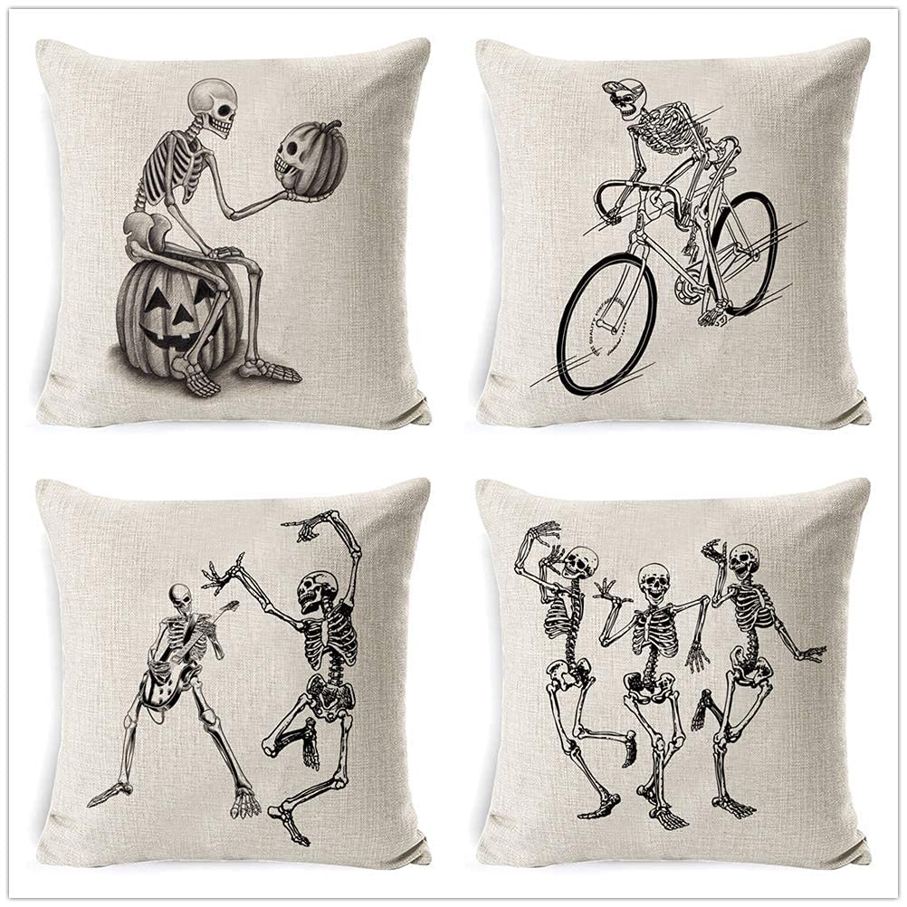 Spooky Halloween Pillow Covers - Set of 4 Skull & Pumpkin Throw Pillow Cases 18x18 Inch, Cotton Linen Blend for Sofa, Bed, Couch Decor - Perfect for Halloween Party, Home Decor, and Seasonal Festive Atmosphere