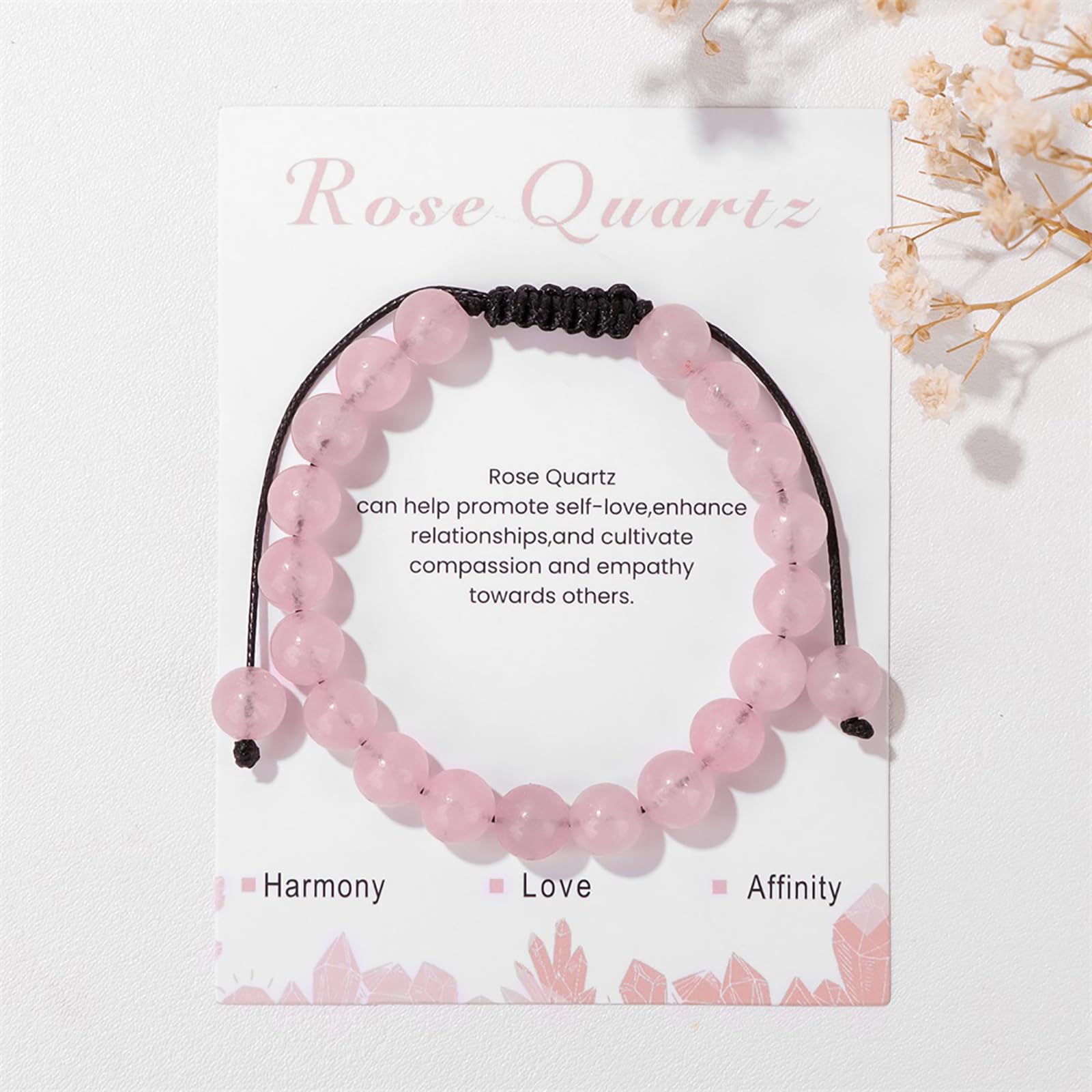 **Handmade Adjustable 8mm Rose Quartz Bracelet for Women & Girls - Healing Crystal Beaded Jewelry for Stress Relief, Meditation & Positive Energy**