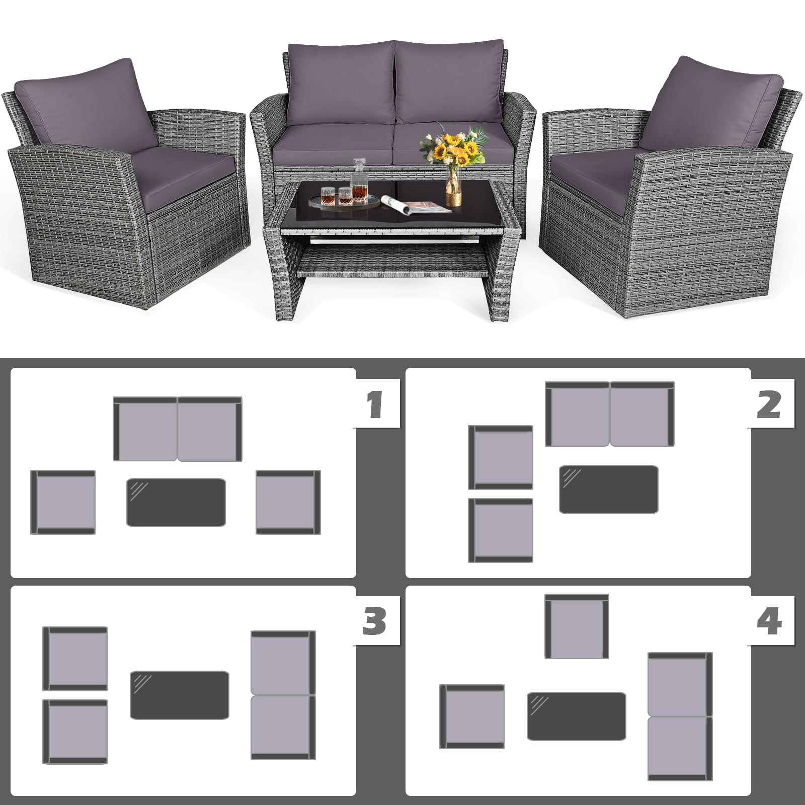 HAPPYGRILL 4-Piece Outdoor Rattan Furniture Set with Cushions & Coffee Table - Patio Conversation Sofa Set for Garden, Porch, Balcony, Poolside - Perfect for Relaxing, Entertaining & Outdoor Dining