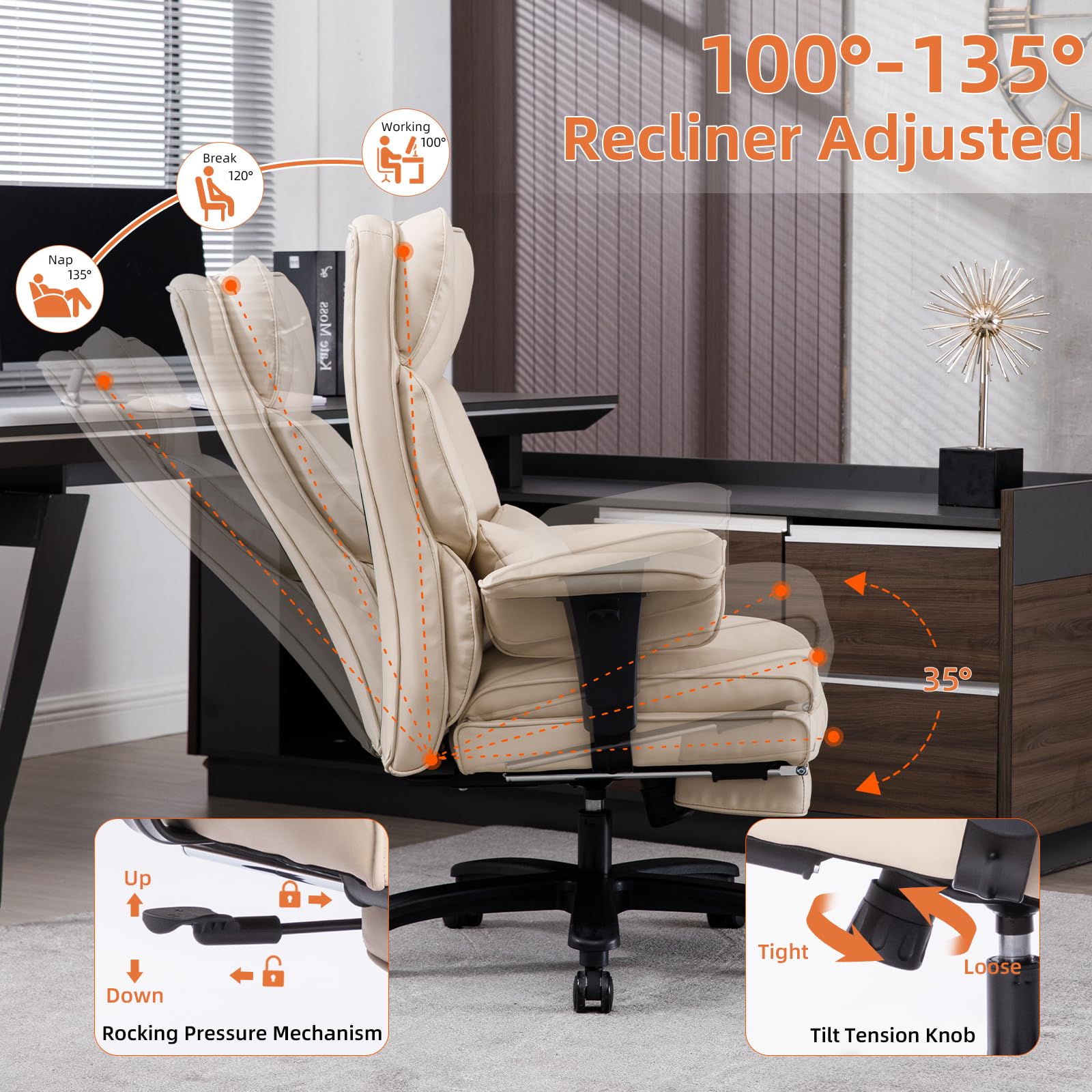 Big and Tall Office Chair 500lbs Capacity - Wide Seat Executive Desk Chair with High Back, Footrest & Ergonomic Lumbar Support - Leather Computer Gaming Chair for Heavy People - Perfect for Home Office, Gaming Setup and Professional Workspaces