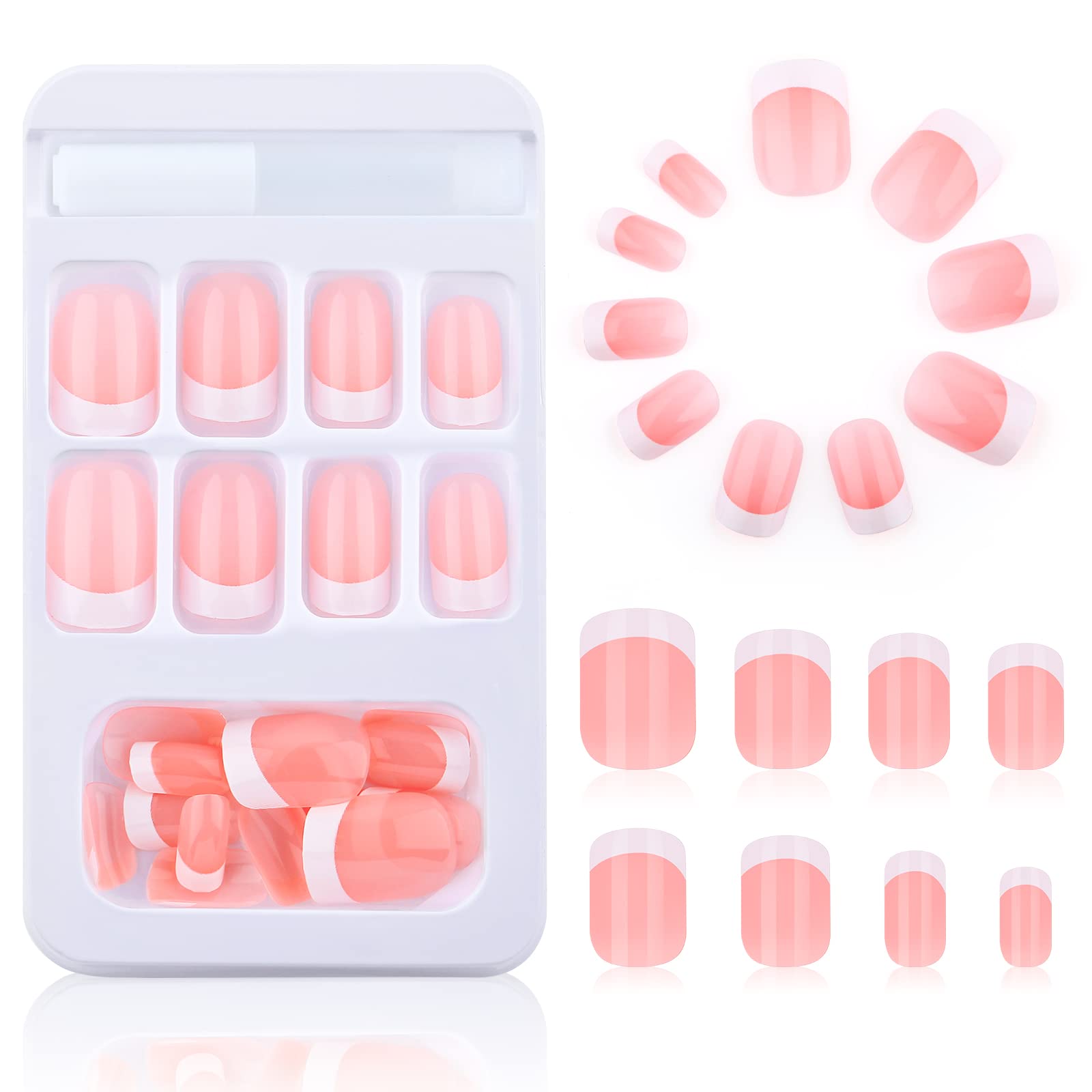 PROUSKY 24 Pieces French Tip False Nails - 12 Sizes Black Stick on Acrylic Short Square Fake Nails for Women, Natural Full Cover Manicure Set (Pink) | Perfect for Parties, Weddings & Daily Wear