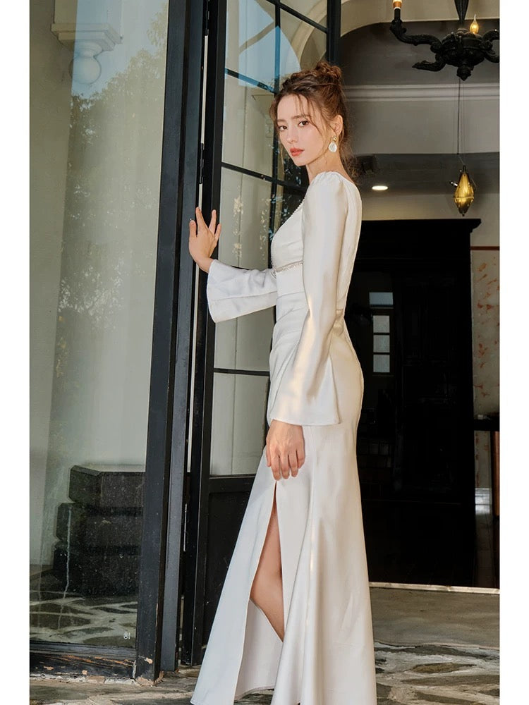 Elegant Mermaid Satin Formal Evening Gown with Long Sleeves - Perfect for Prom, Wedding Guest & Black Tie Events | Style J6536