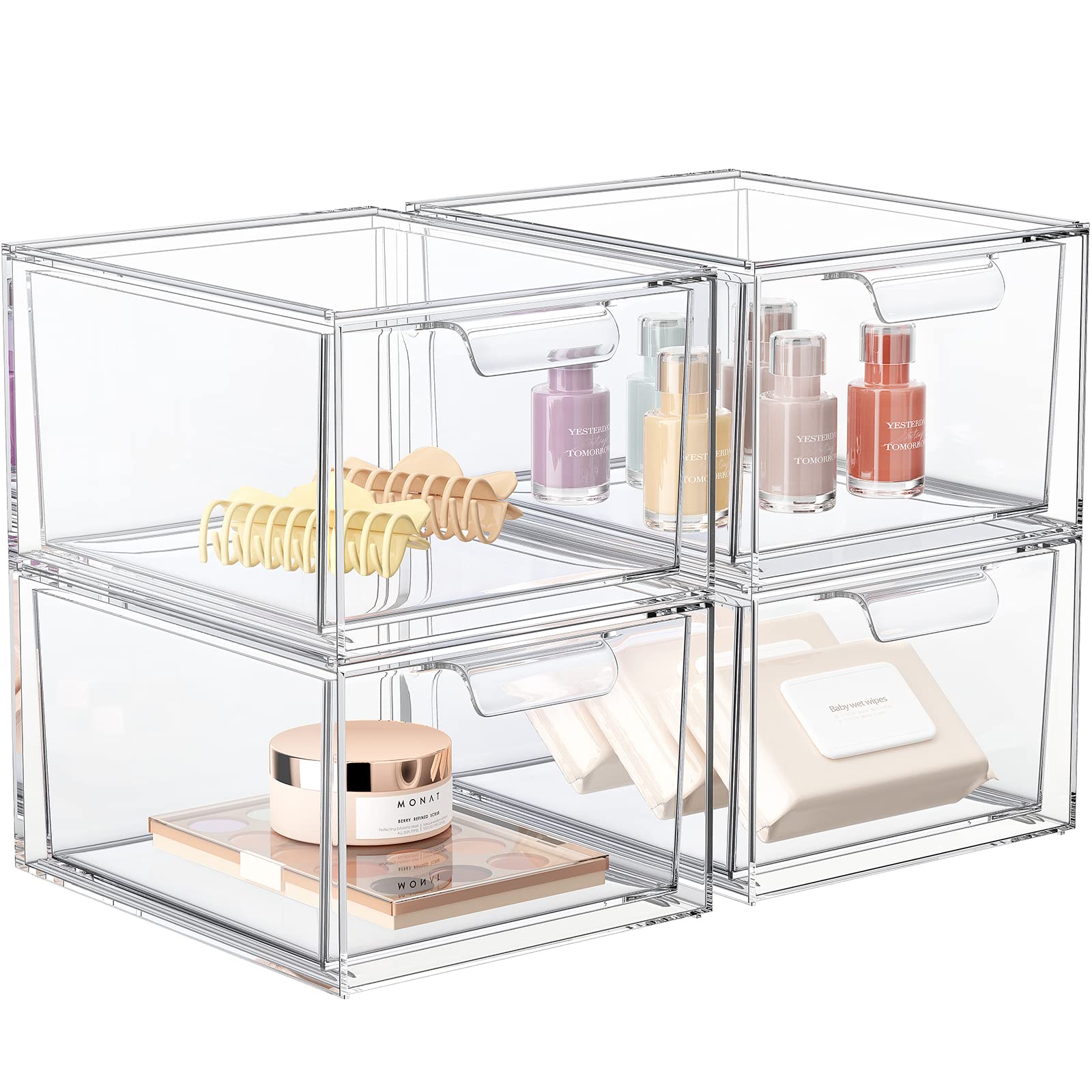 4 Pack Clear Acrylic Stackable Makeup Organizers with Handles - Plastic Storage Drawers for Vanity, Bathroom, Kitchen & Pantry Organization - Perfect for Cosmetics, Jewelry, Utensils & Small Item Storage