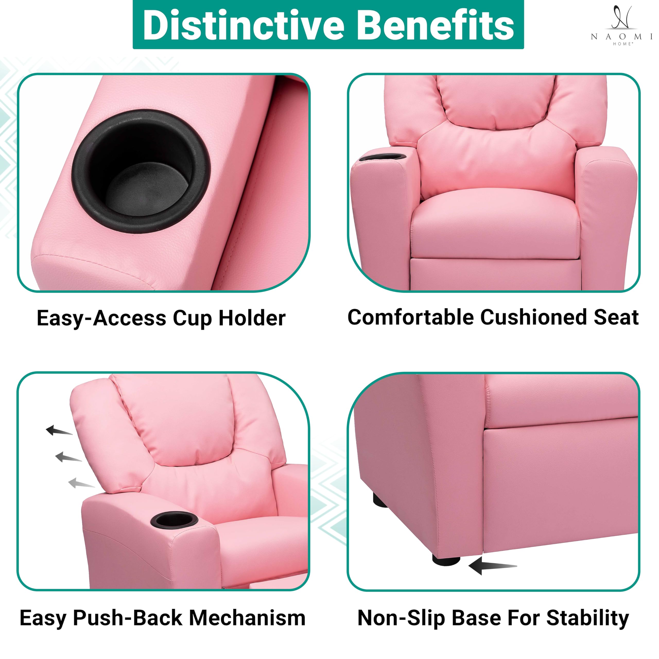Naomi Home Suri Push Back Kids Recliner Chair with Footrest & Cup Holders - Toddler Recliner for Boys & Girls Ages 3+ (Pink) - Perfect for Playrooms, Bedrooms & TV Time - Durable PVC Kids Furniture for Relaxing & Snacking