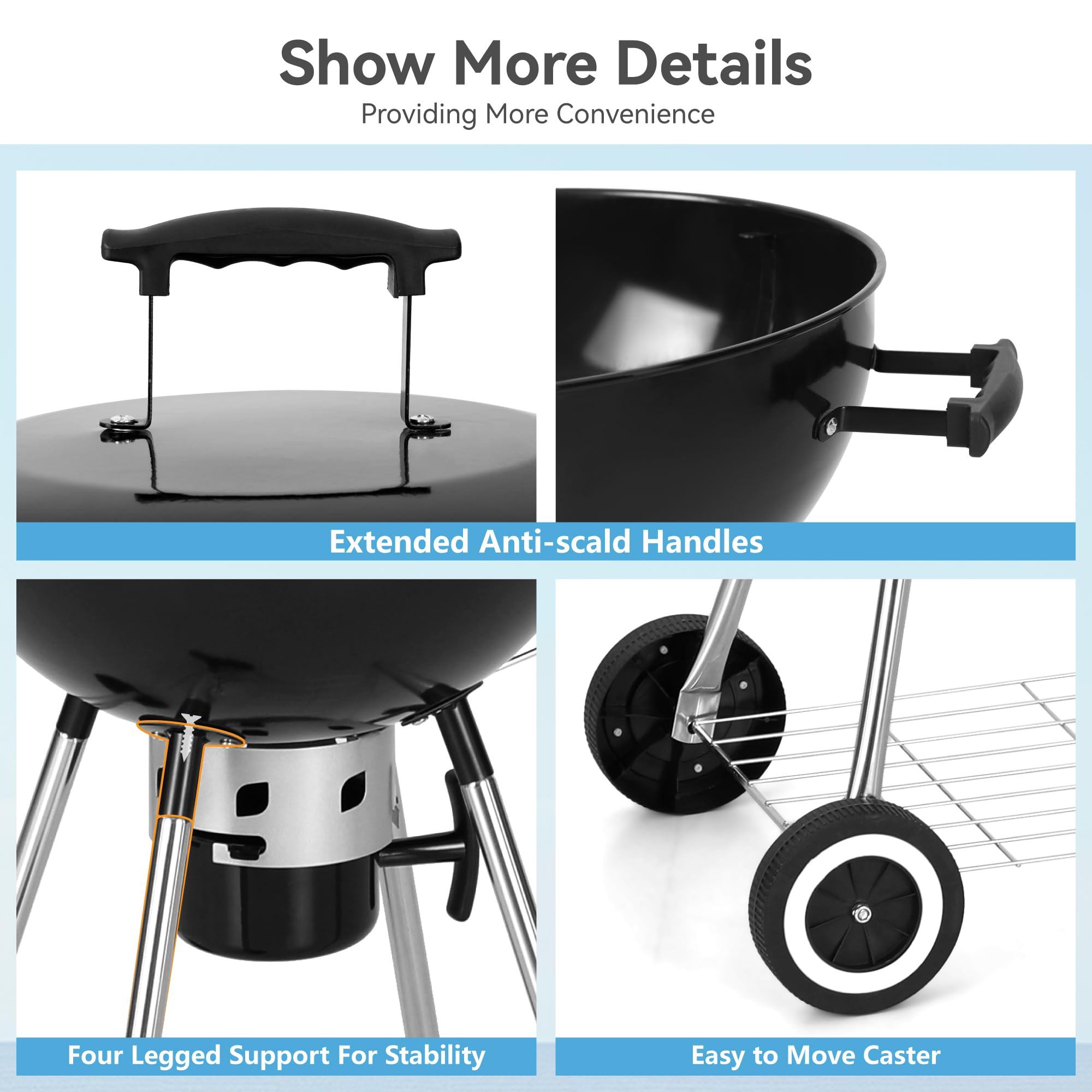 GREEN PARTY 18 Inch Portable Charcoal BBQ Grill with Wheels - Porcelain-Enameled Lid & Ash Catcher for Outdoor Cooking, Camping, Picnics, Tailgating & Backyard Barbecues | Heavy-Duty Kettle Grill for Patio, Garden & RV Trips