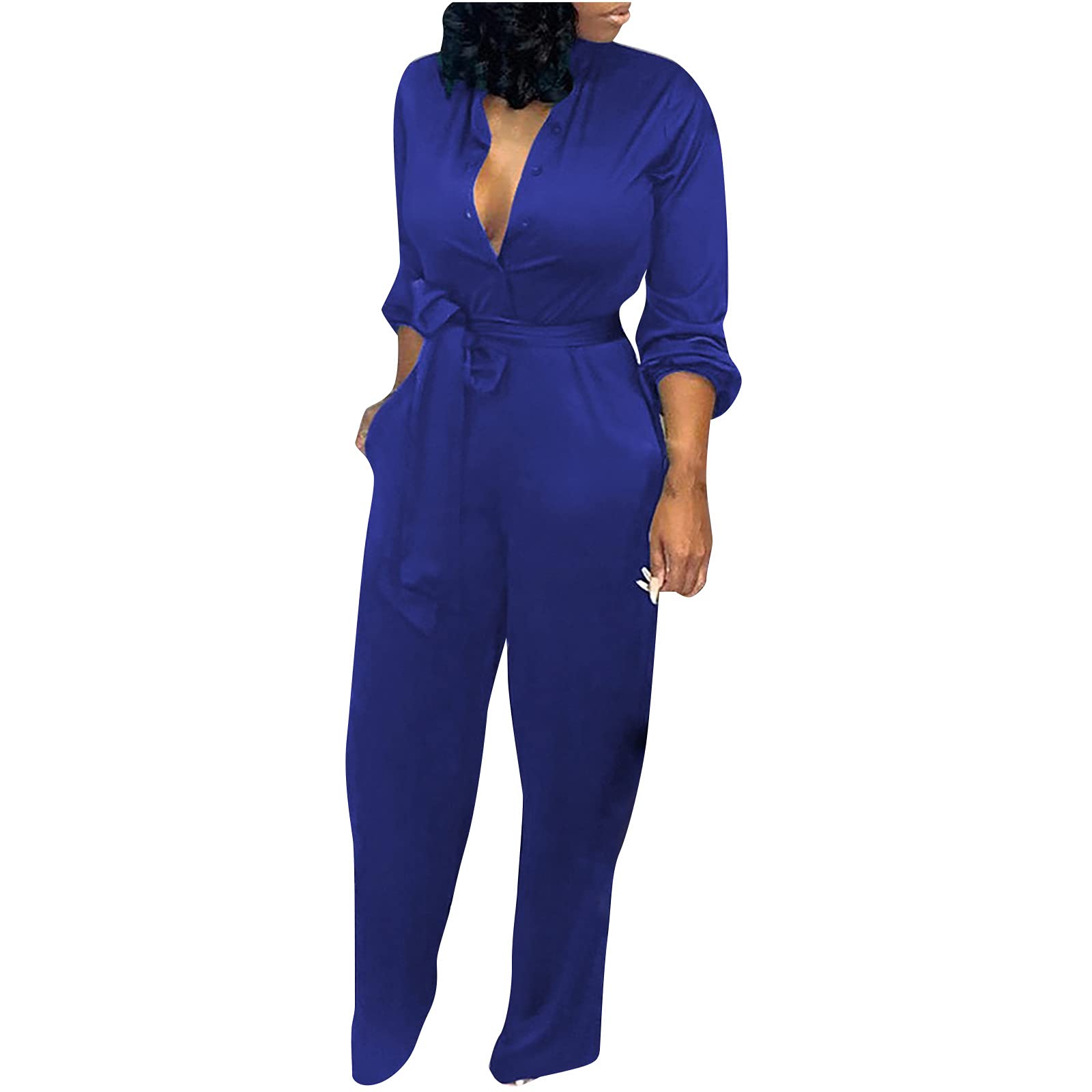 Women's Long Sleeve Wide Leg Jumpsuit with Belt - Pure Color Fall Outfit | Casual Wear, Office Attire & Autumn Fashion