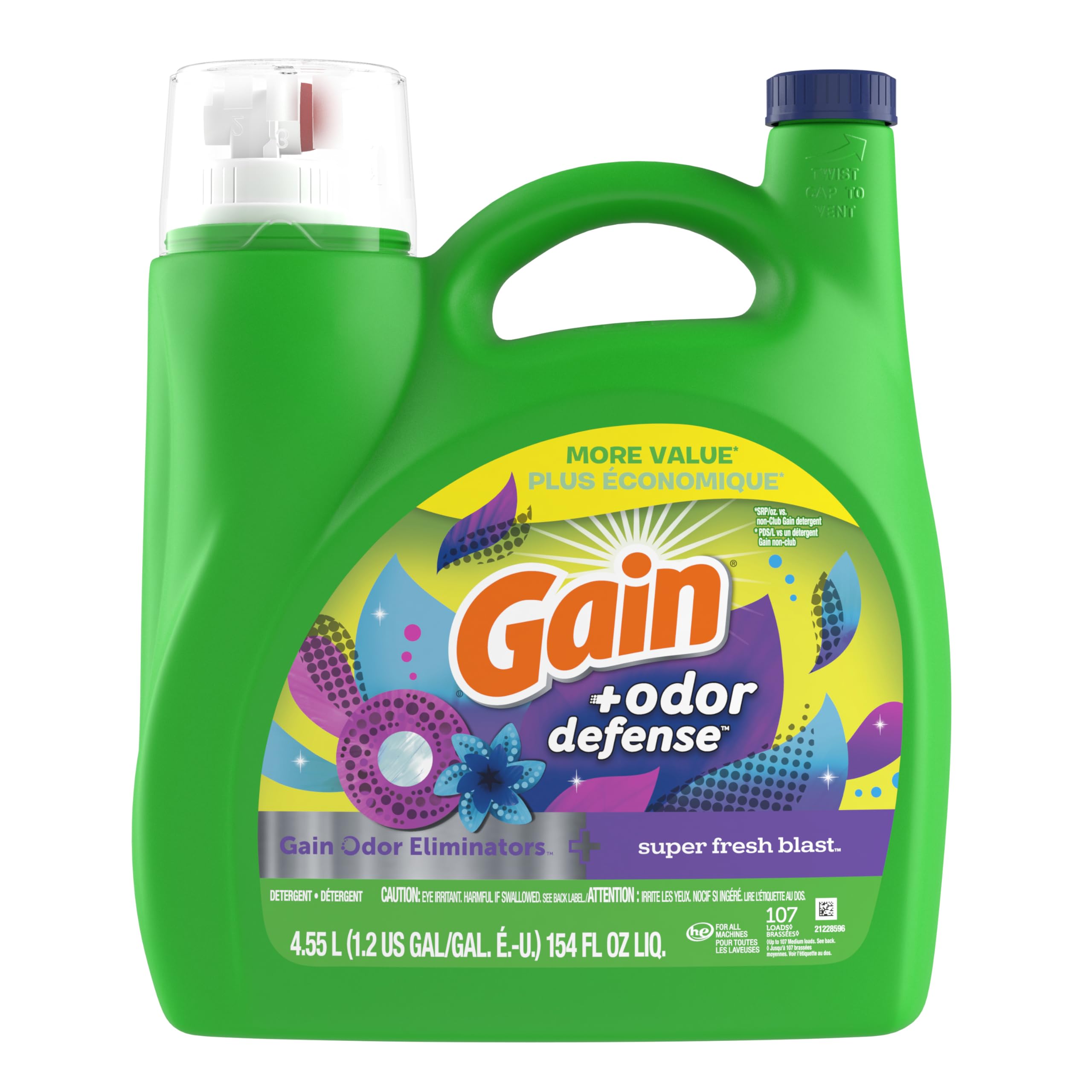 Gain + Odor Defense Liquid Laundry Detergent - Super Fresh Blast Scent, HE Compatible (107 Loads, 154 fl oz) | High-Efficiency Laundry Detergent for Fresh & Clean Clothes | Perfect for Gym Wear, Sports Gear & Family Laundry