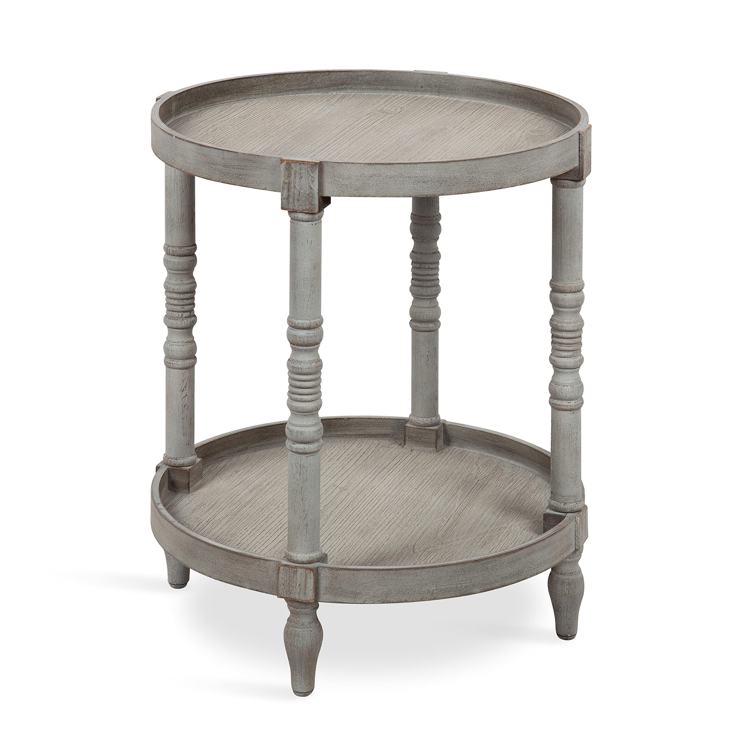Kate & Laurel Bellport Shabby Chic Round Side Table - Distressed Gray Accent Table with Turned Legs & Lower Shelf - Perfect for Living Room, Bedroom or as Plant Stand