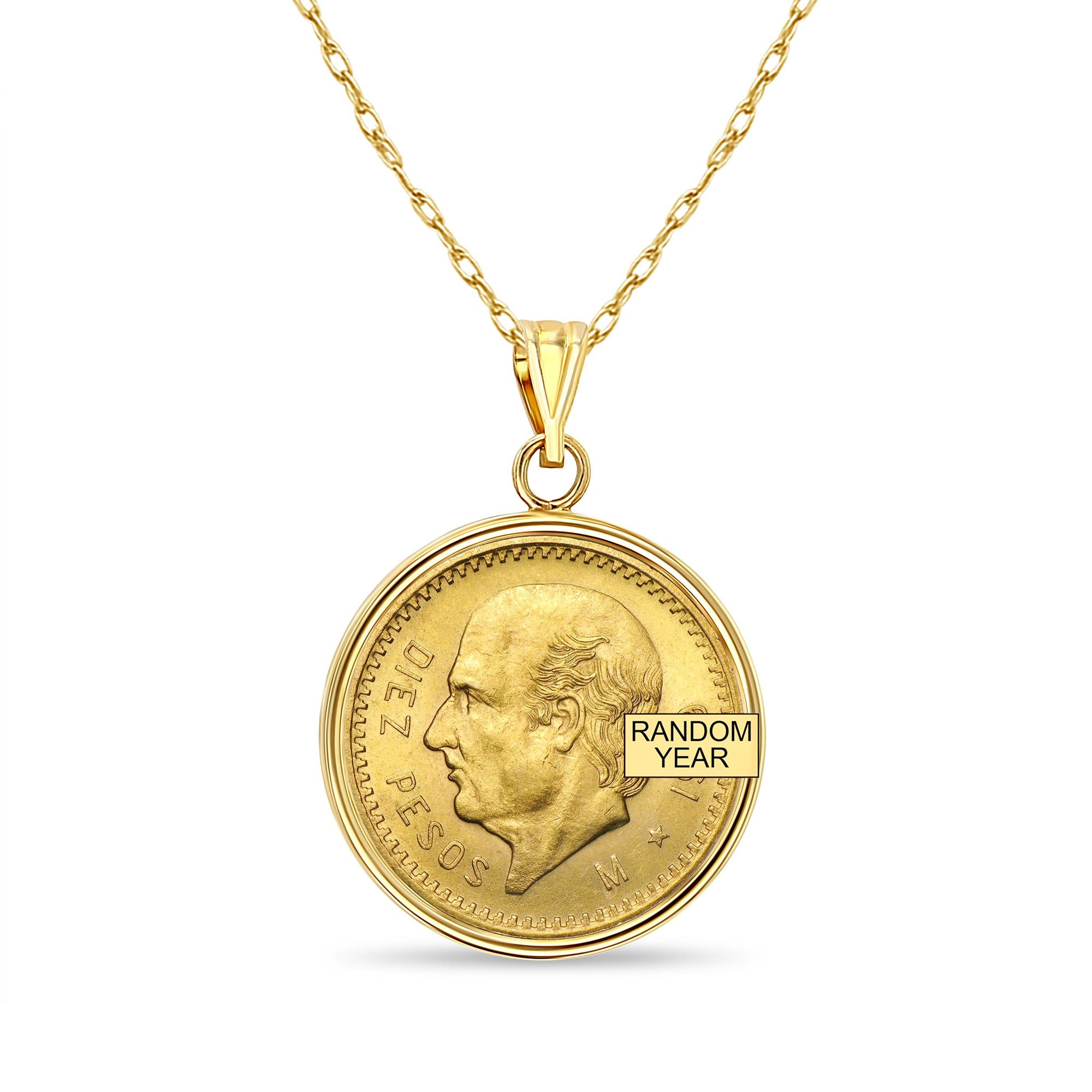 14k Yellow Gold Diez Pesos Coin Necklace with Polished Bezel - Perfect for Gift Giving, Special Occasions & Everyday Elegance