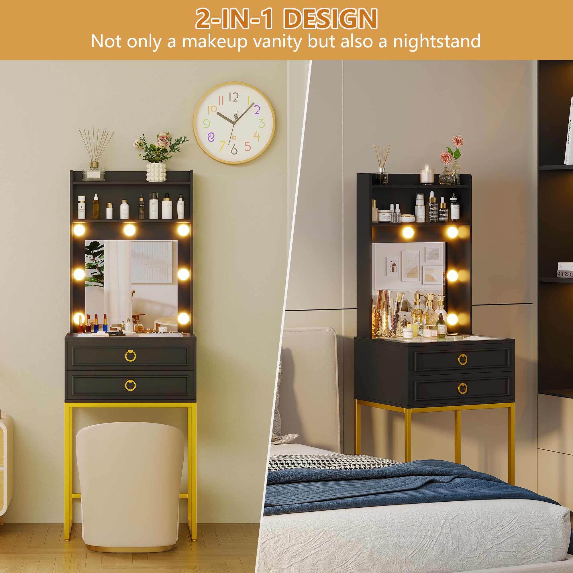 LVSOMT Small Makeup Vanity with Glass Top - Black Vanity Desk with LED Lighted Mirror & Motion Sensor - Mini Dressing Table for Bedroom, Apartment, Bathroom - Perfect for Makeup Application & Beauty Routine