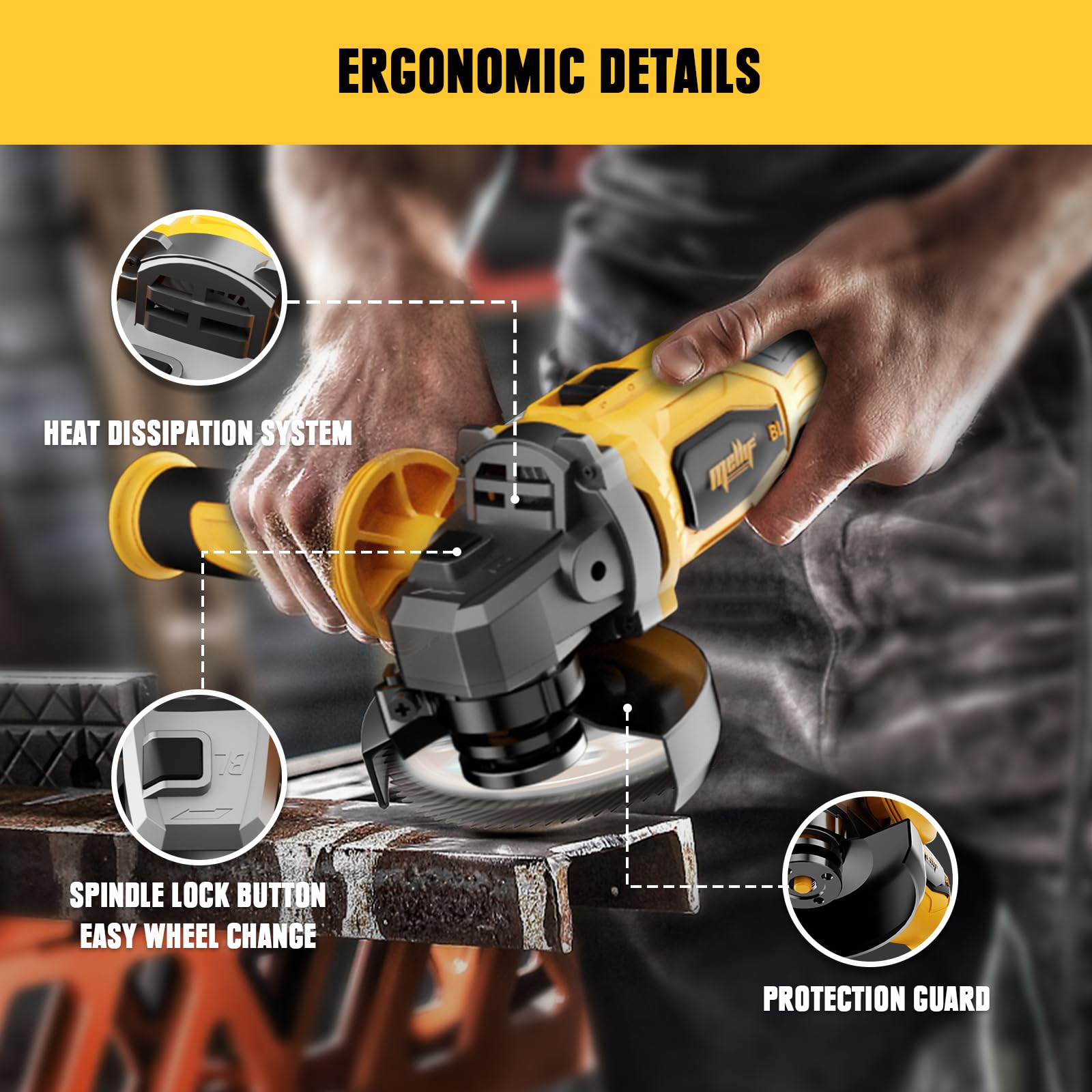 20V Max Cordless Angle Grinder - 4-1/2 Inch 8500 RPM Brushless Motor, Compatible with DeWalt Battery (Battery Not Included), Includes Cutting Wheel & Pin Wrench - Perfect for Metal Cutting, Wood Polishing & Thin Steel Work in Construction, DIY & Home Improvement Projects