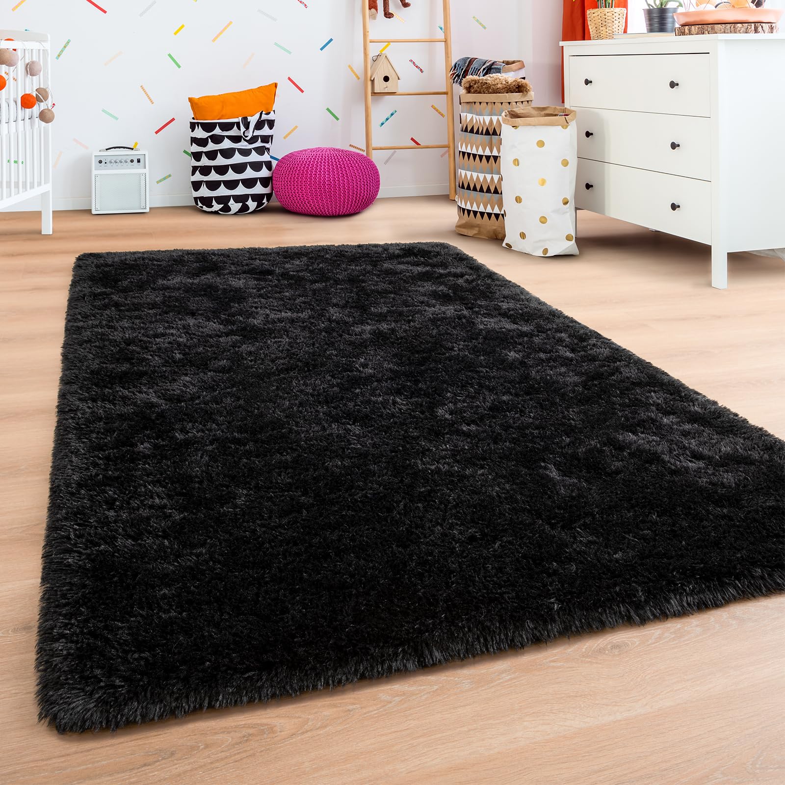 Andecor Soft Fluffy Shaggy Area Rug 8x10 Feet - Plush Bedroom Rug for Kids, Boys & Girls - Non-Slip Nursery, Dorm, Living Room Carpet - Cozy Home Decor Floor Mat (Black) - Perfect for Playrooms, Bedside & Lounge Areas