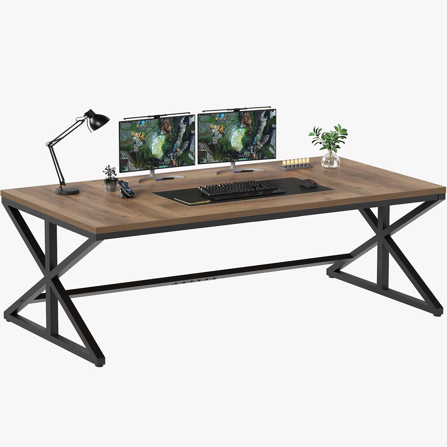 Rustic Large Computer Desk 70 Inch - Industrial Extra Long Home Office Desk, Wood PC Writing Work Study Table, Farmhouse Workstation Gaming Executive Desk for Two Person (Rustic Oak) - Perfect for Home Office, Study Room & Gaming Setup