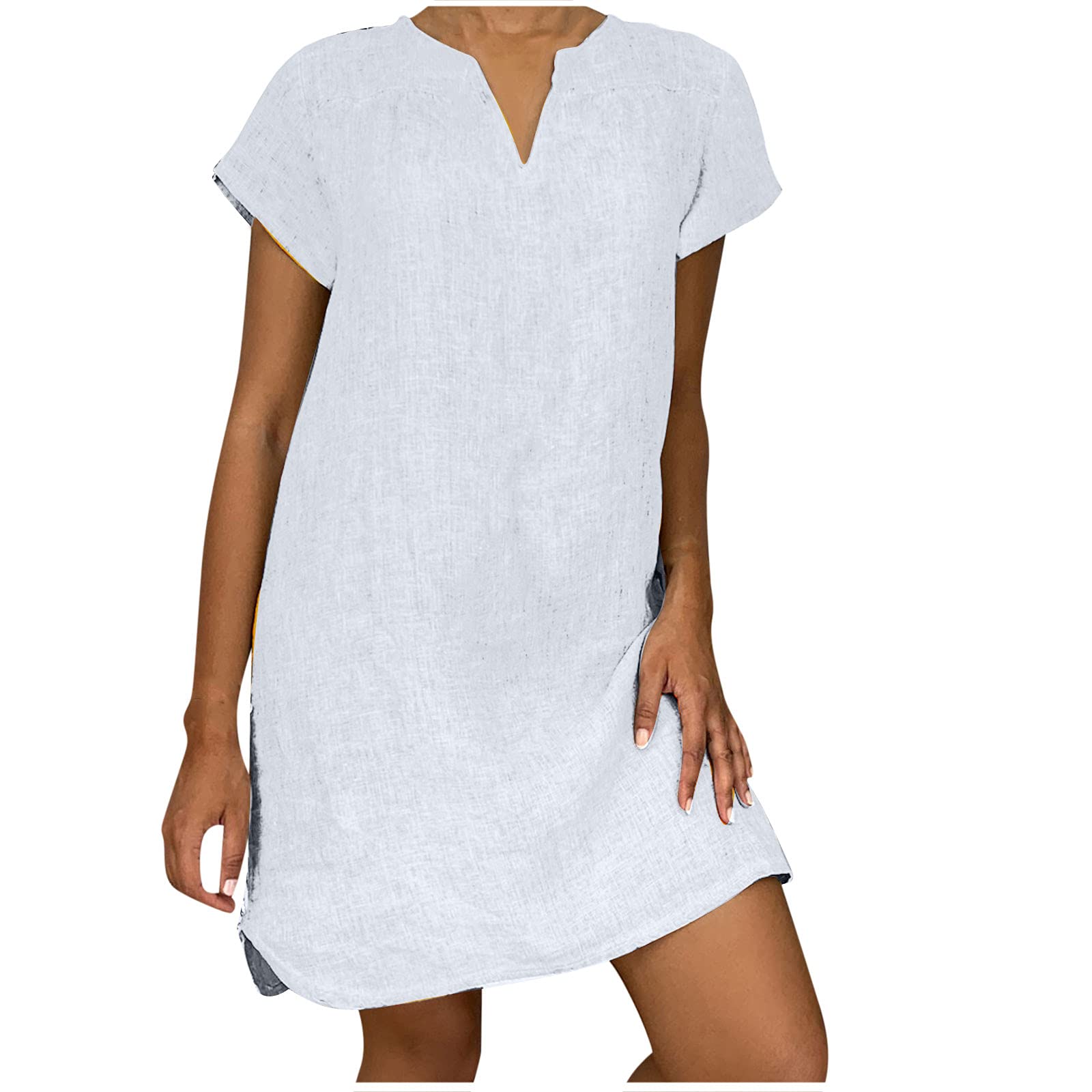 NaRHbrg Women's Linen Tunic Dress - V-Neck Loose Fit Midi Sundress for Beach Vacation, Plus Size Casual Shift Dress | Perfect for Summer Outings, Travel & Boho Style