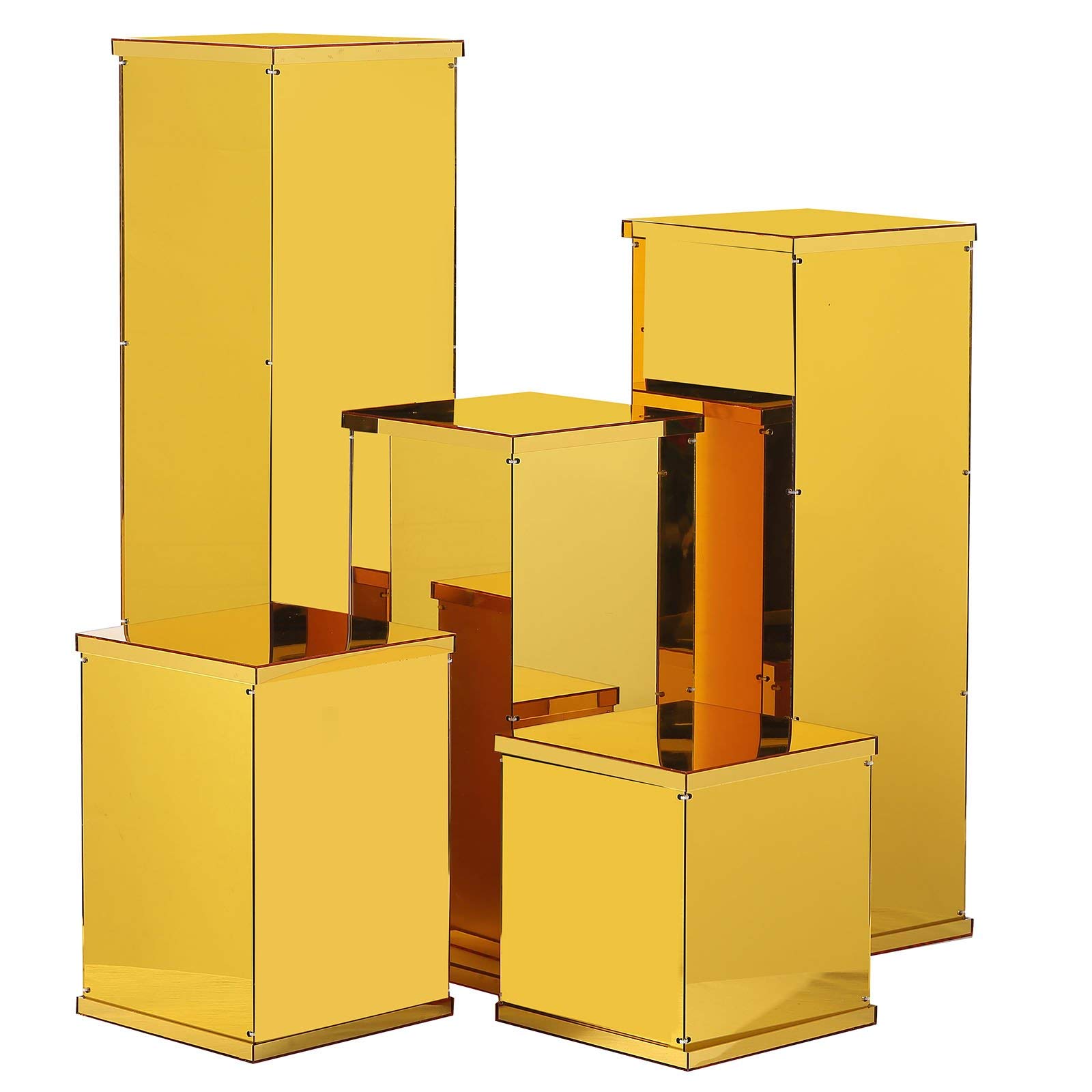 5-Pack Gold Mirror Display Box Holders - Balsa Circle Centerpieces for Wedding, Party & Home Decor - Elegant Flower Riser Vase & Floor Standing Pedestal for Table Decorations