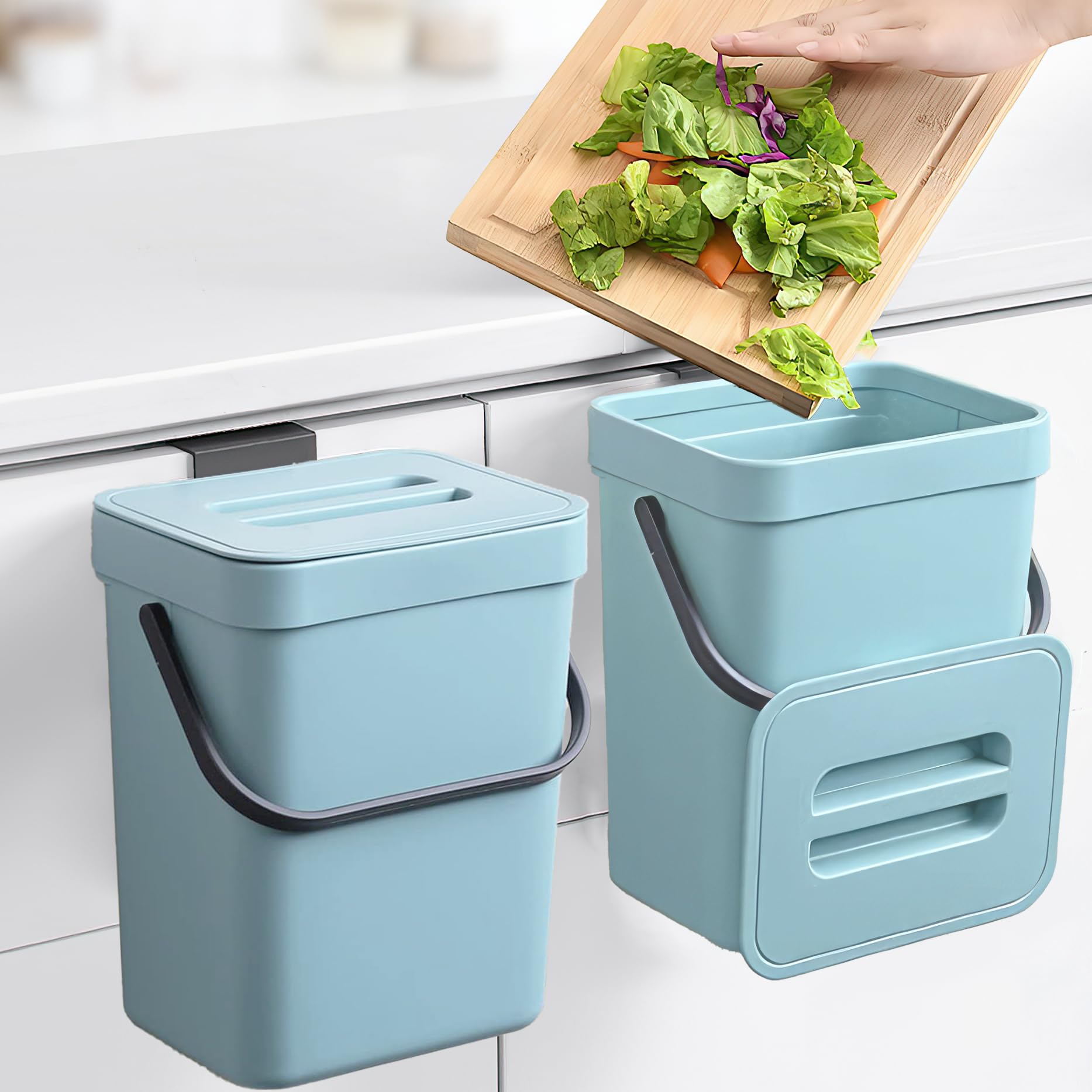 1.3 Gallon Small Trash Can with Lid - Compact Kitchen Waste Bin for Countertop, Under Sink or Cabinet Door | 5L Mini Garbage Can for Office Desk, Bathroom & Small Spaces | Subtle Blue | Perfect for Food Scraps, Recycling & Daily Use