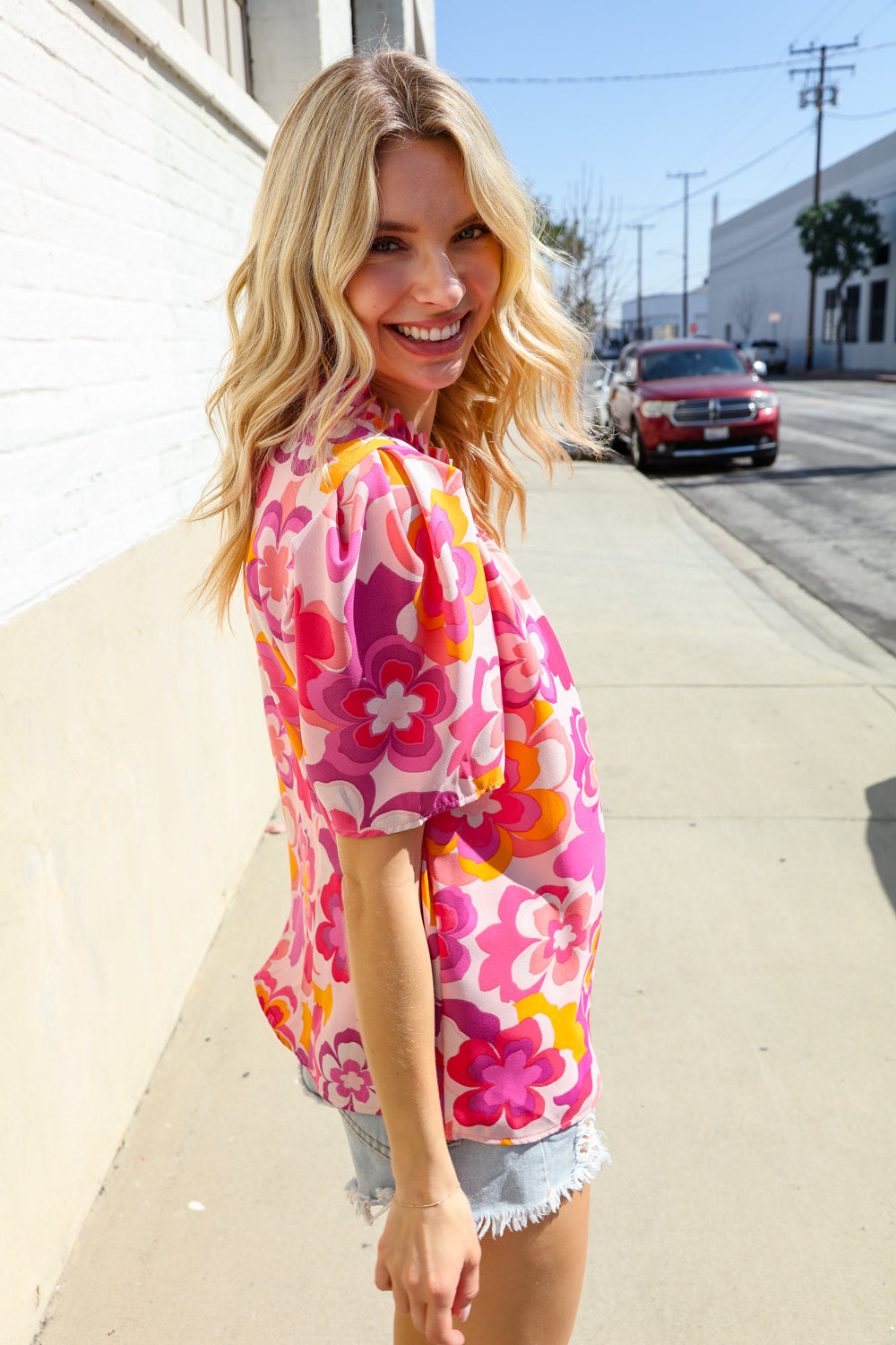 Perfectly You Fuchsia Big Floral Frill Neck Back Button Blouse - Women's Elegant Vintage Style Top for Parties, Dates & Office Wear