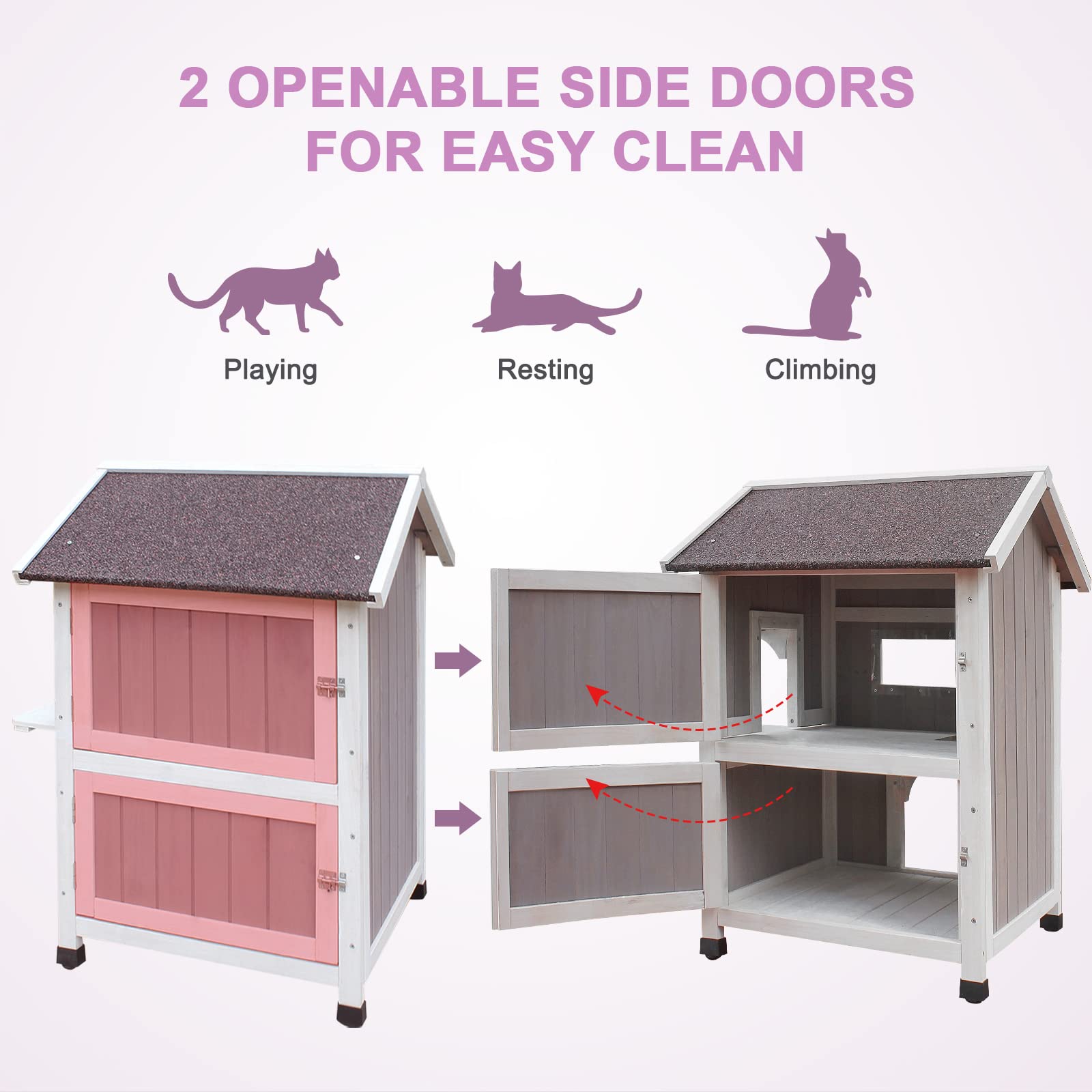 Weatherproof Outdoor Cat House for Feral Cats - 2-Story Wooden Kitty Shelter with Escape Door, Grey | Durable All-Season Protection for Stray & Outdoor Cats (Backyard, Garden, Porch Use)