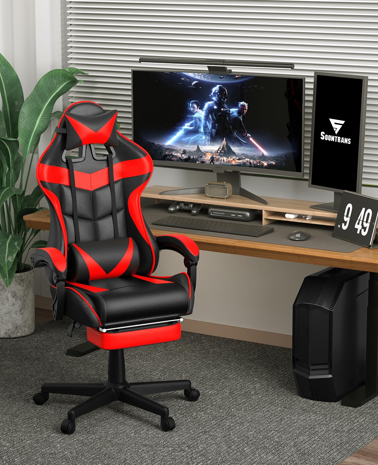 Soontrans Red Gaming Chair with Footrest - Ergonomic Racing Style Computer Gaming Chair with Adjustable Headrest & Lumbar Support - Perfect for PC Gaming, Esports, Home Office & Streaming Setup