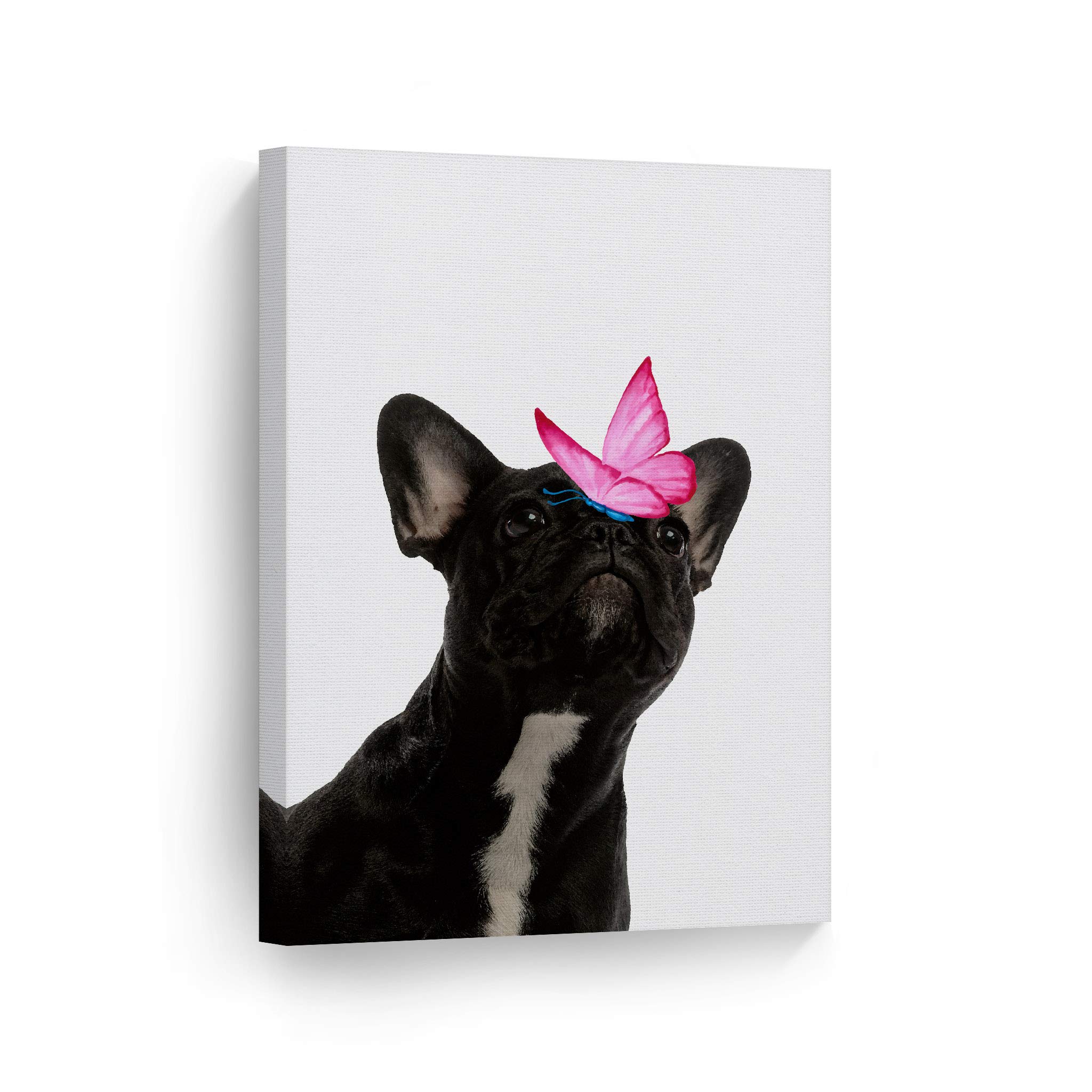 French Bulldog Portrait with Pink Butterfly - Animal Canvas Wall Art Print for Pet Lovers, Dog Owners & Home Decor - Perfect Gift for Mom, Dad & Kids - Ready to Hang 36x24 - Ideal for Living Room, Bedroom & Nursery Decor