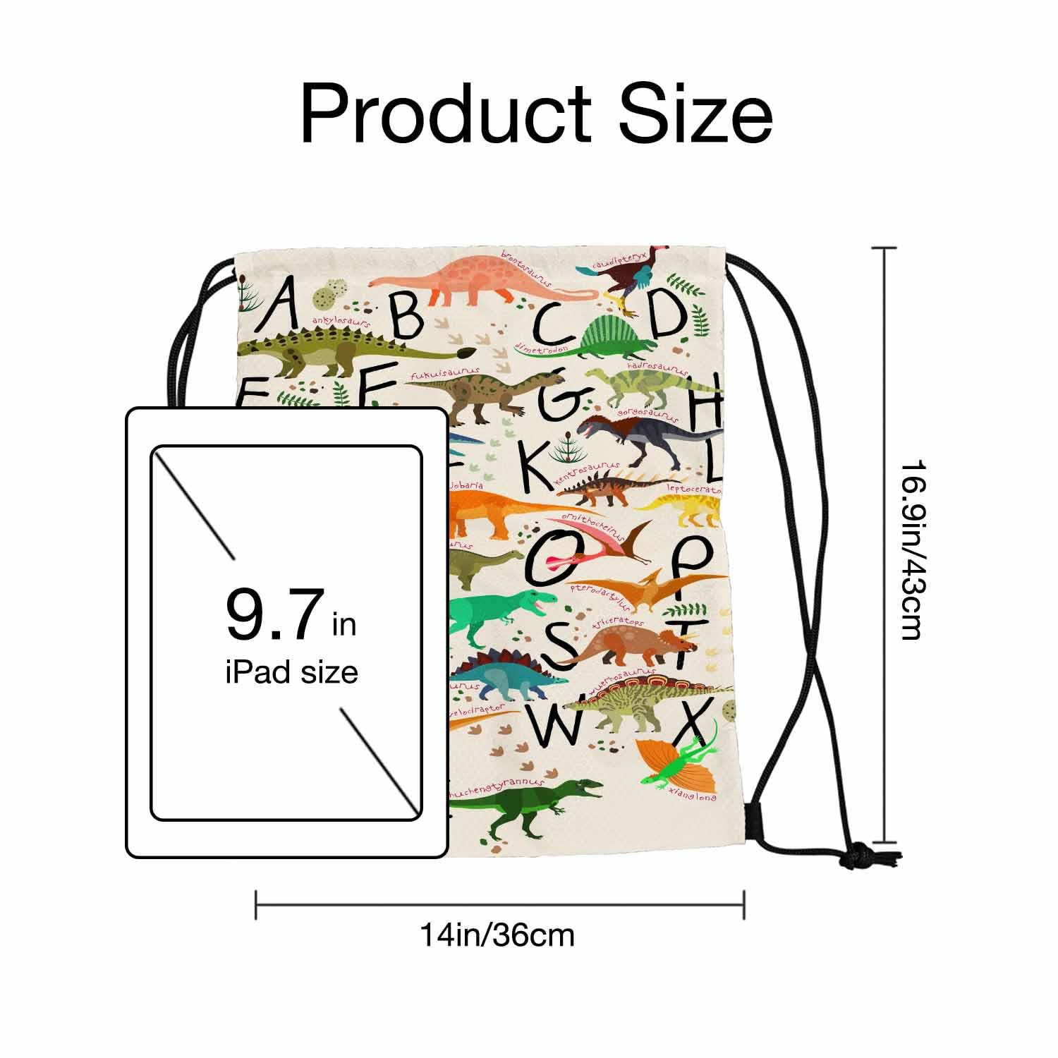 Lightweight Waterproof Drawstring Backpack - ABC Alphabet Dinosaur Design Gym Bag (14x16.9 Inch) for School, Sports & Travel | Perfect for Kids, Students & Outdoor Activities