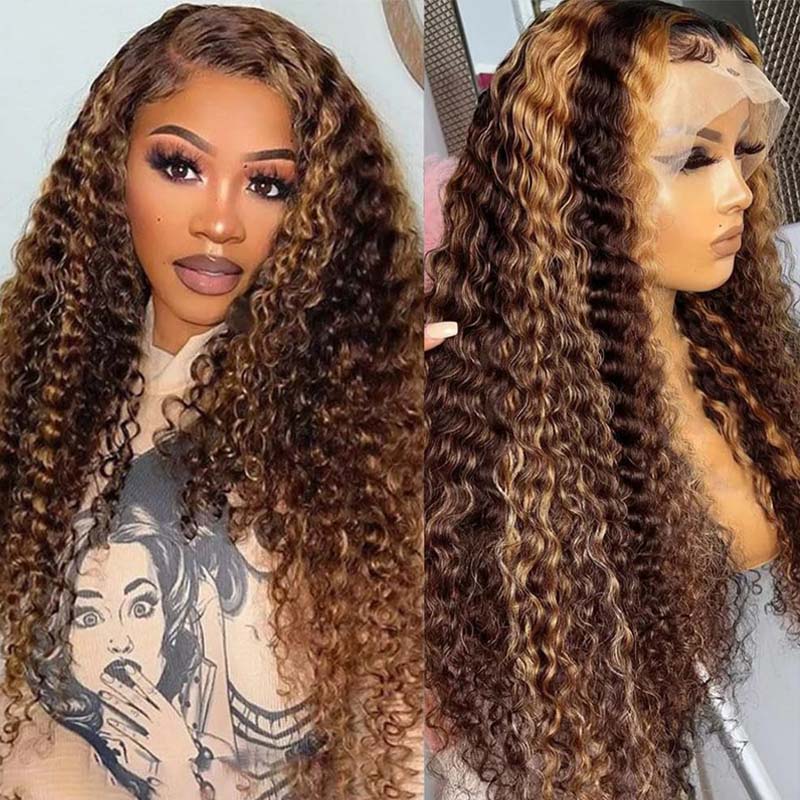 **28inch Pre-Colored Human Hair Curly Wig - Burgundy/Brown/Highlight 13x4 Lace Frontal Wig | Natural Look & Heat Resistant | Perfect for Cosplay, Parties & Daily Wear**