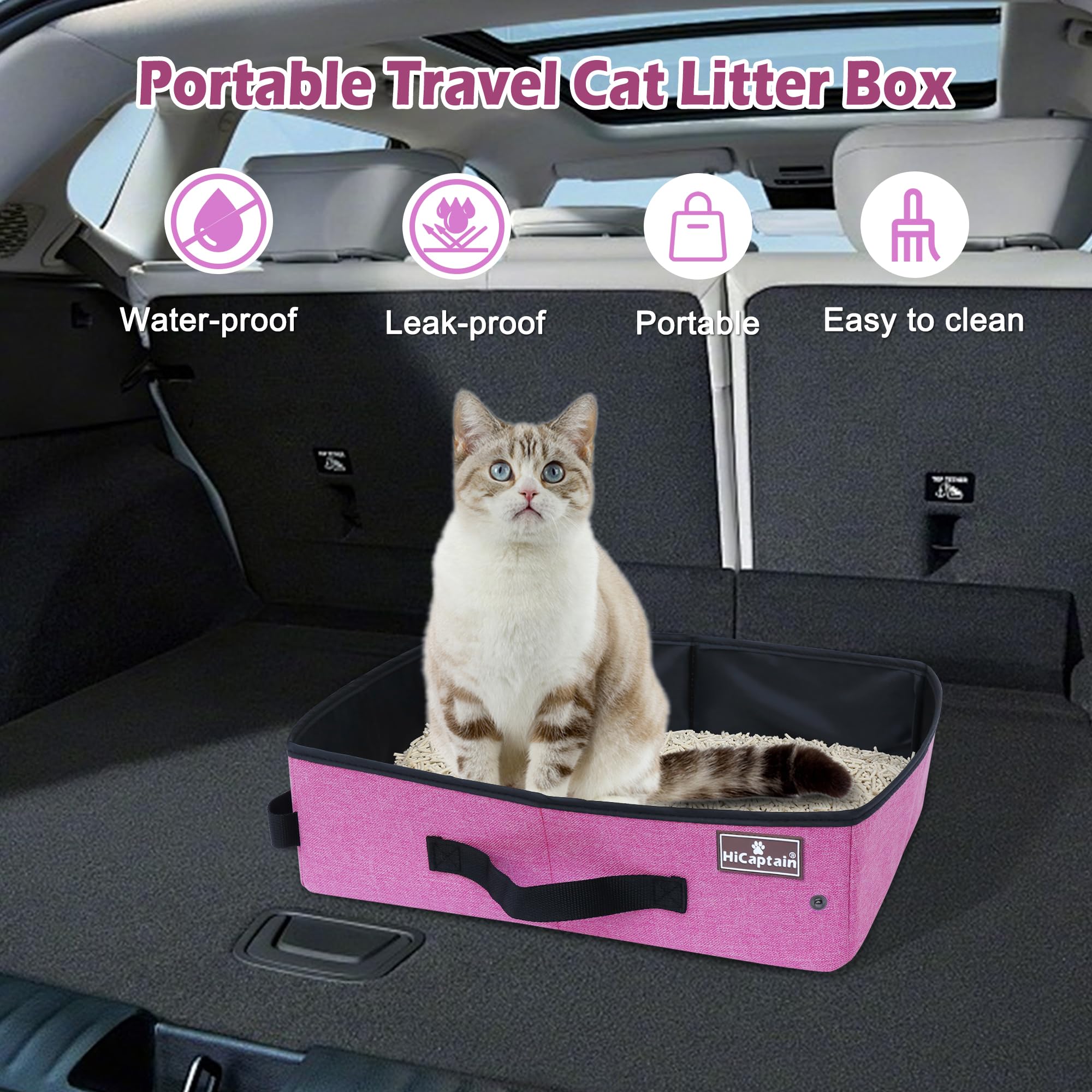 HiCaptain Portable & Collapsible Cat Litter Box for Travel - Leak-Proof, Sturdy & Lightweight Design - Perfect for Car Trips with Medium Cats & Kittens (Pink) - Ideal for Road Trips, Camping & Vet Visits