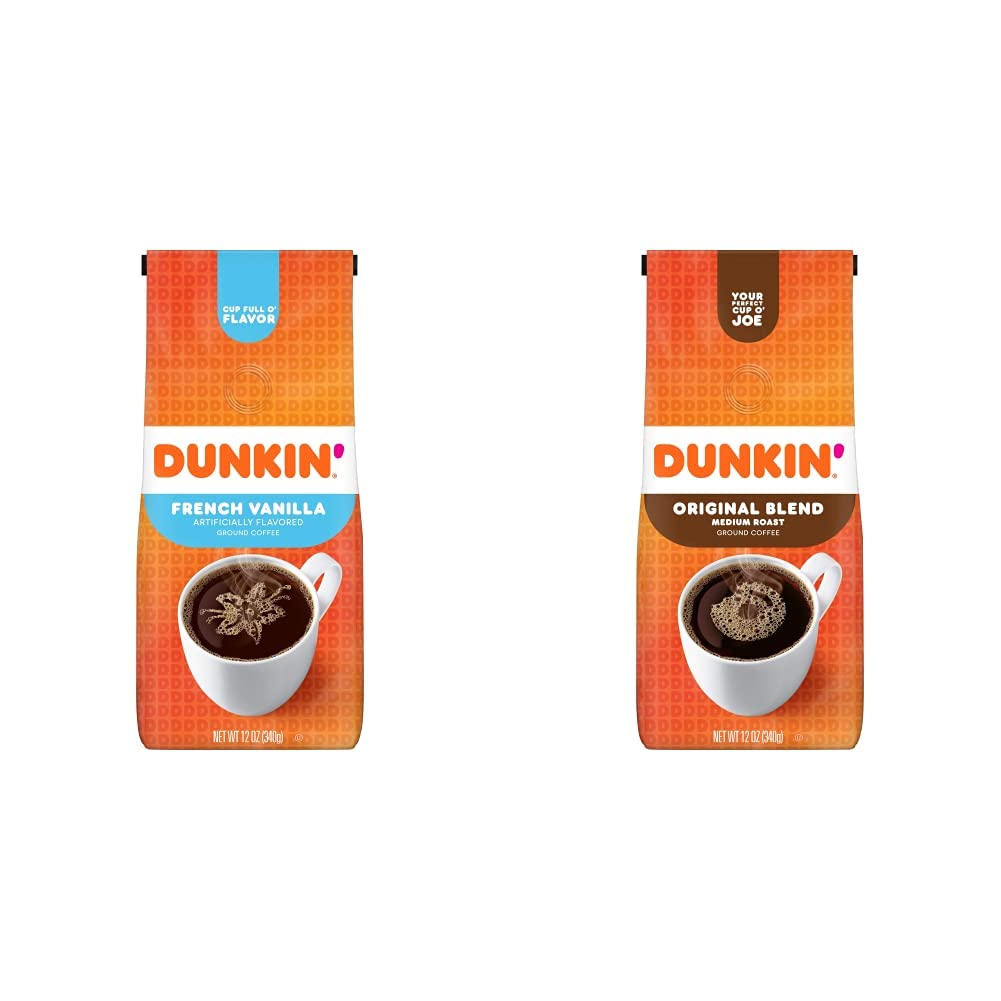 Dunkin' French Vanilla & Original Blend Medium Roast Ground Coffee - 12oz Bag | Premium Flavored Coffee for Home, Office & Gifting | Perfect for Brewing, Iced Coffee & Dessert Recipes