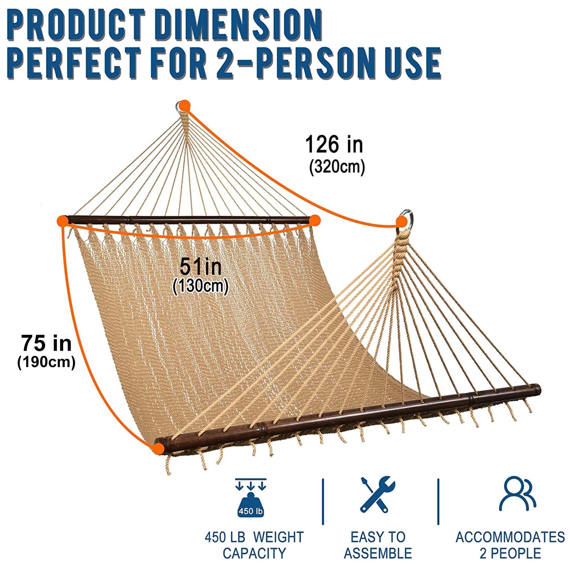 10.5 FT Double 2 Person Caribbean Rope Hammock - Hand Woven Polyester Outdoor Hammock with Spreader Bars - 450 LBS Capacity Tan - Perfect for Backyard, Patio, Poolside & Beach Relaxation